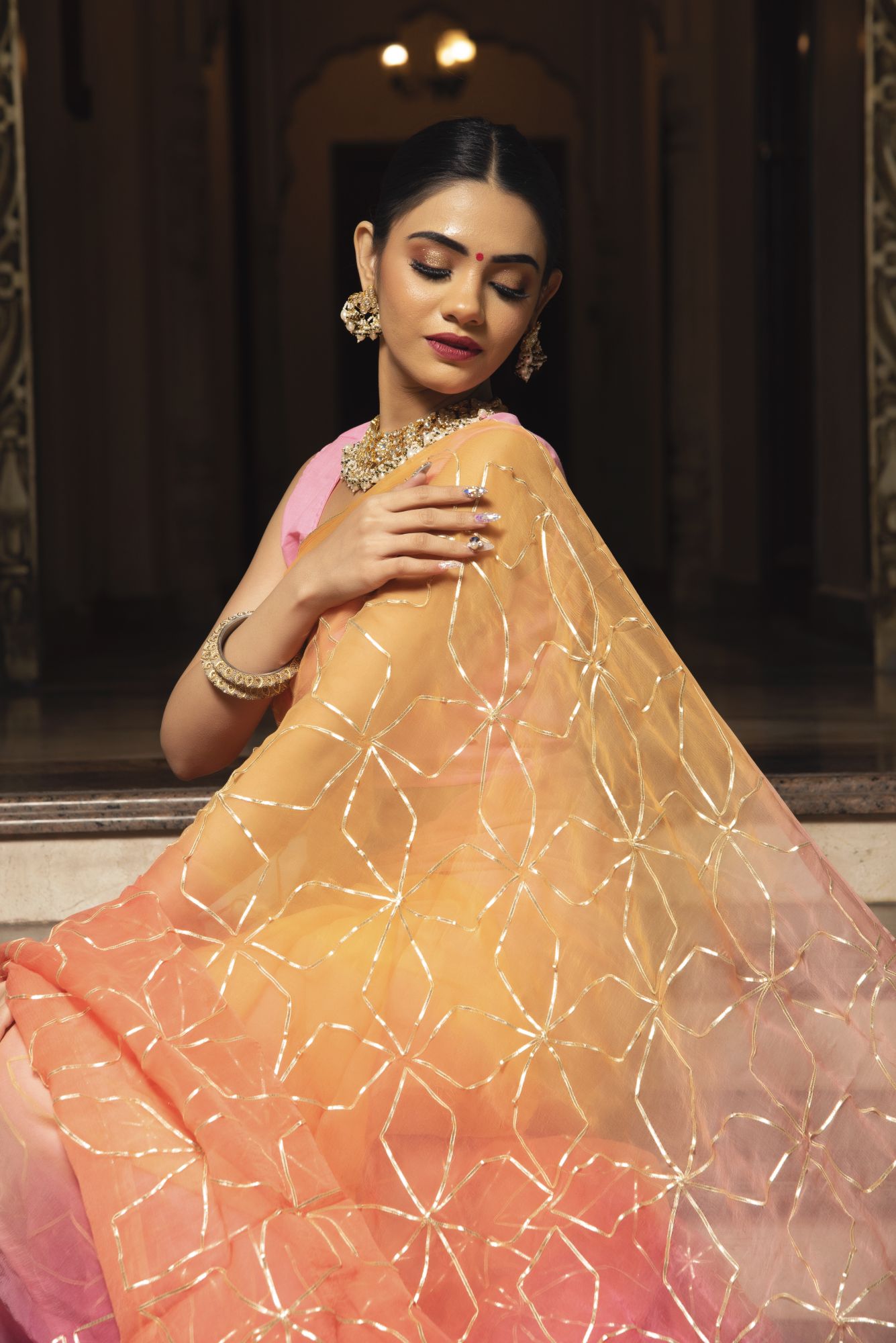Orange Peach Gotapatti Pure Chiffon Saree