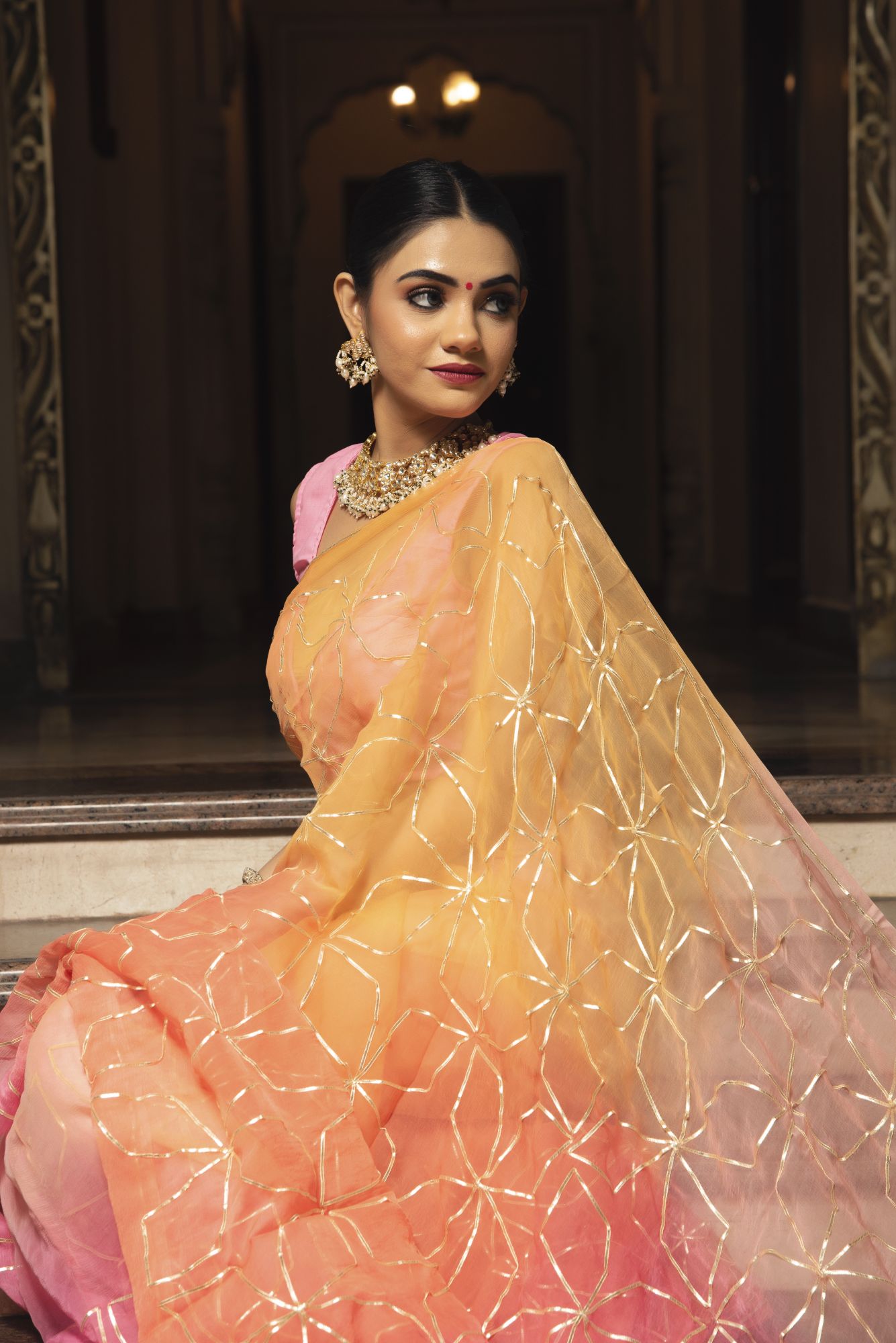 Orange Peach Gotapatti Pure Chiffon Saree