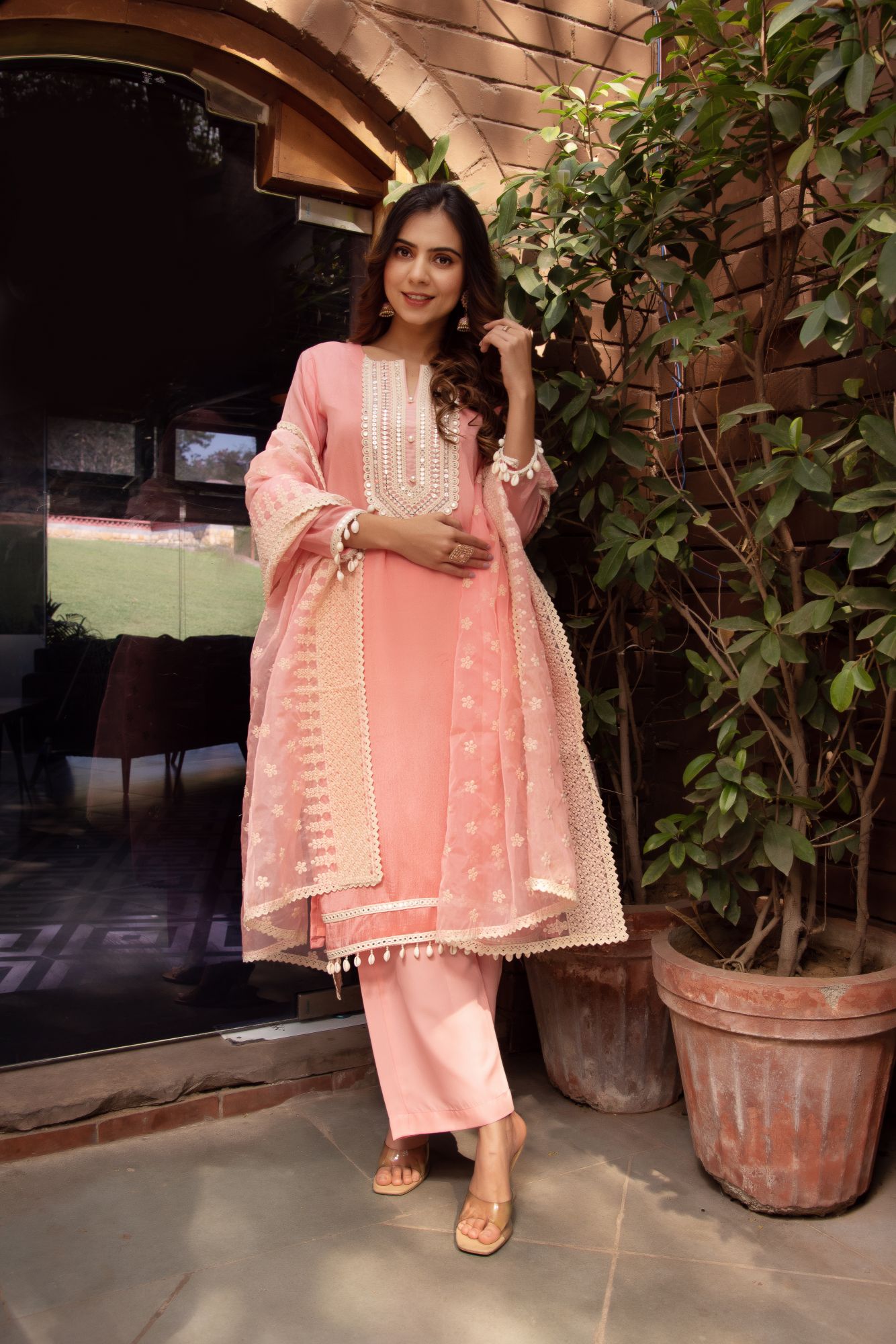 Pink Chanderi Kurta Set with Embroided Dupatta