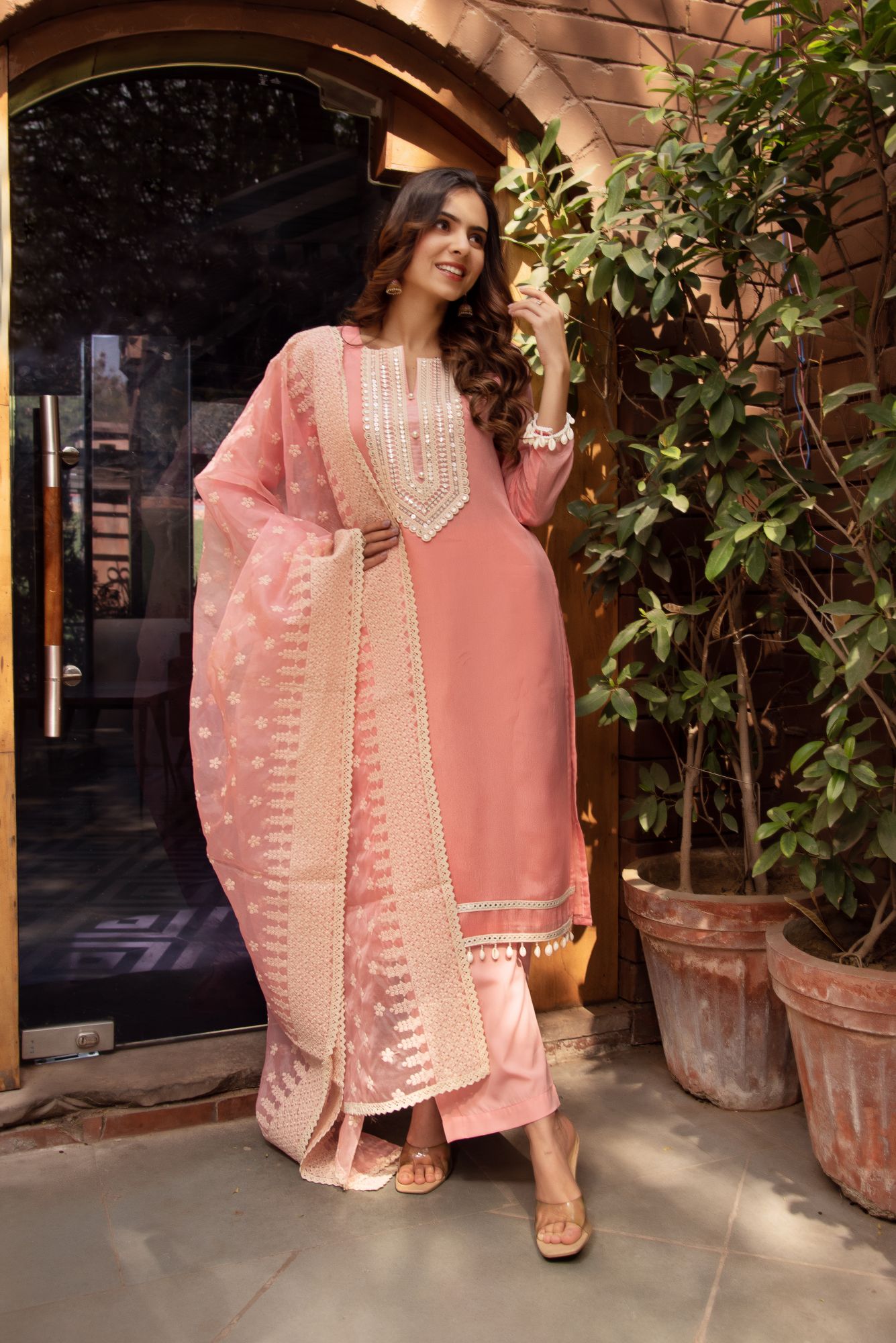 Pink Chanderi Kurta Set with Embroided Dupatta