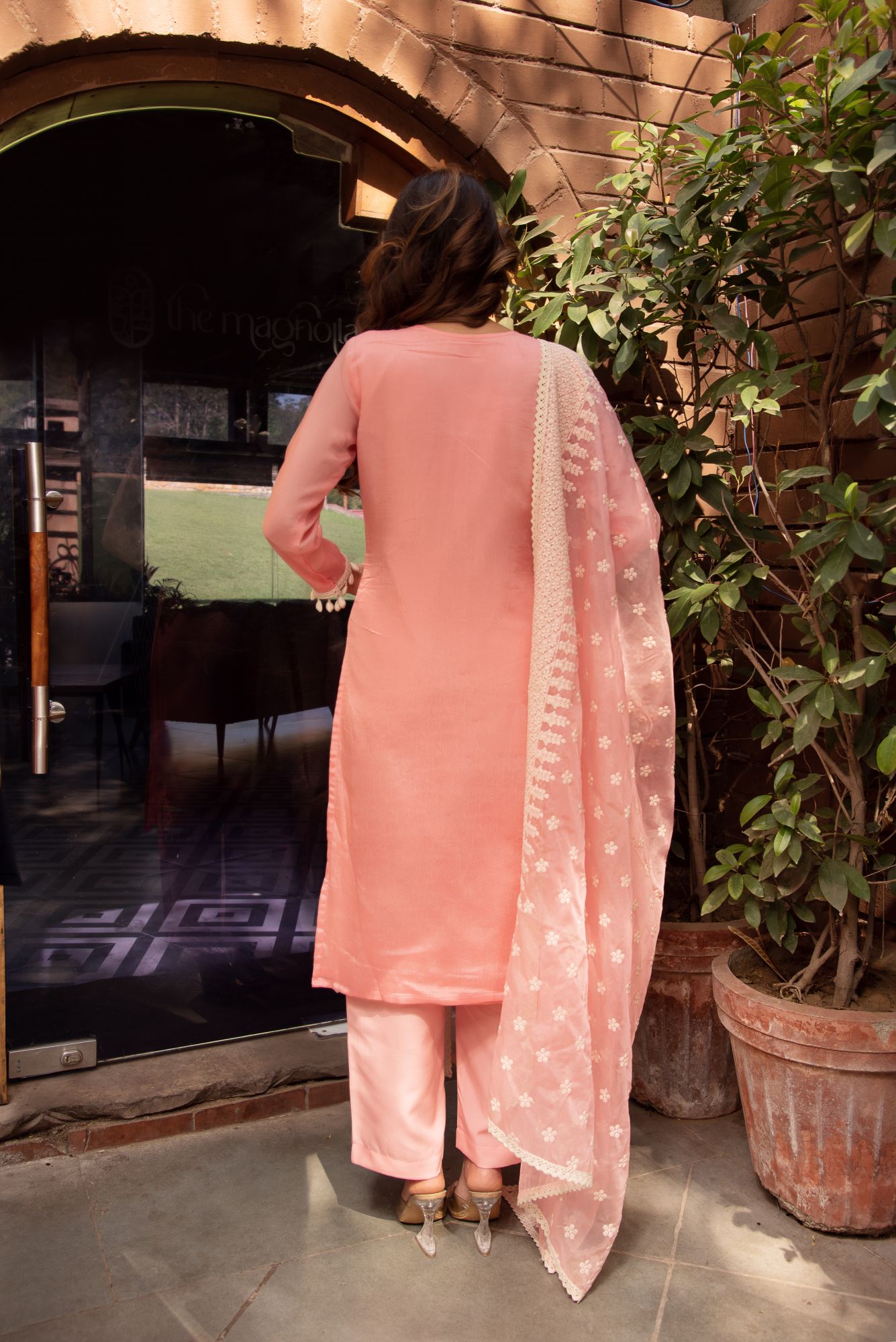 Pink Chanderi Kurta Set with Embroided Dupatta