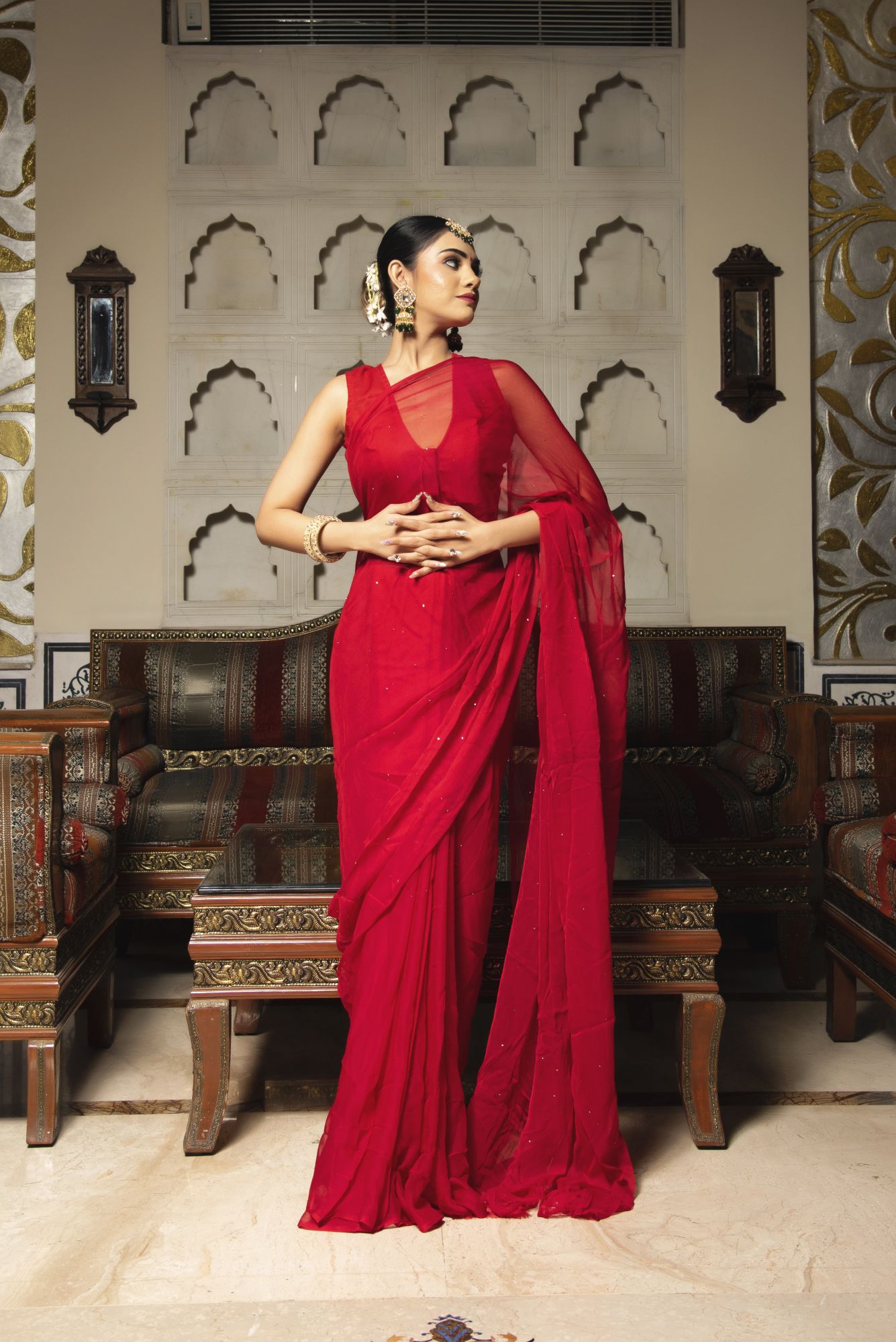 Valentine Red Pure Chiffon Saree
