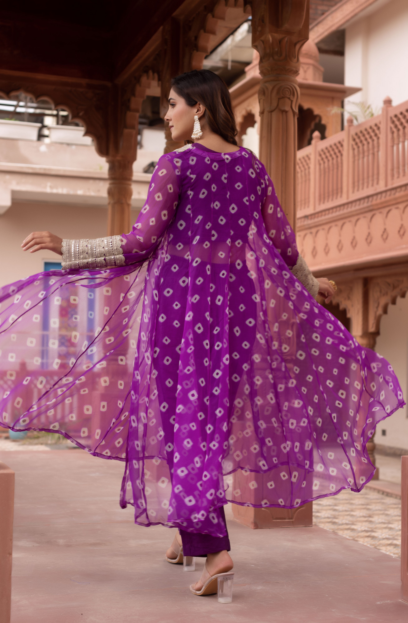 Purple Bandhej Embelished Kurta Set With Blouse