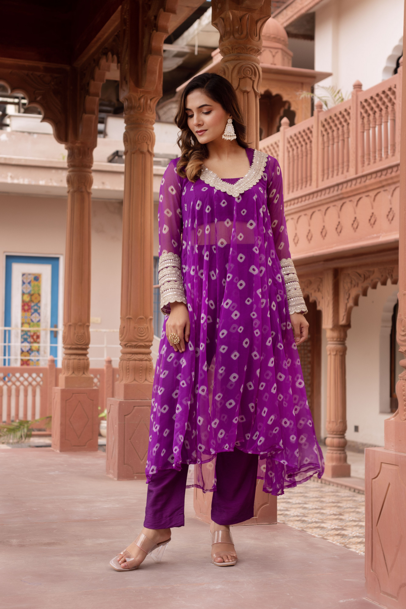 Purple Bandhej Embelished Kurta Set With Blouse