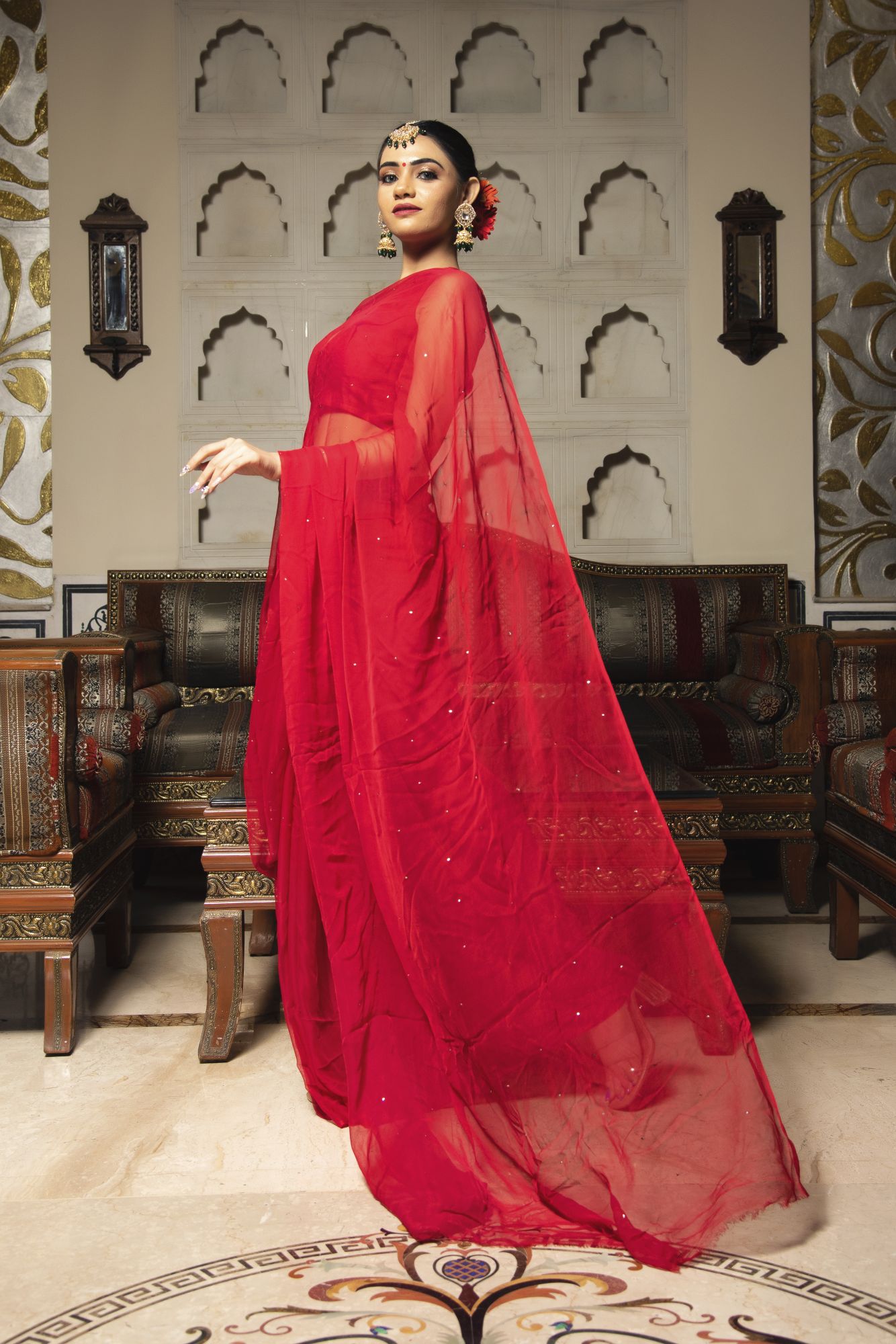 Valentine Red Pure Chiffon Saree