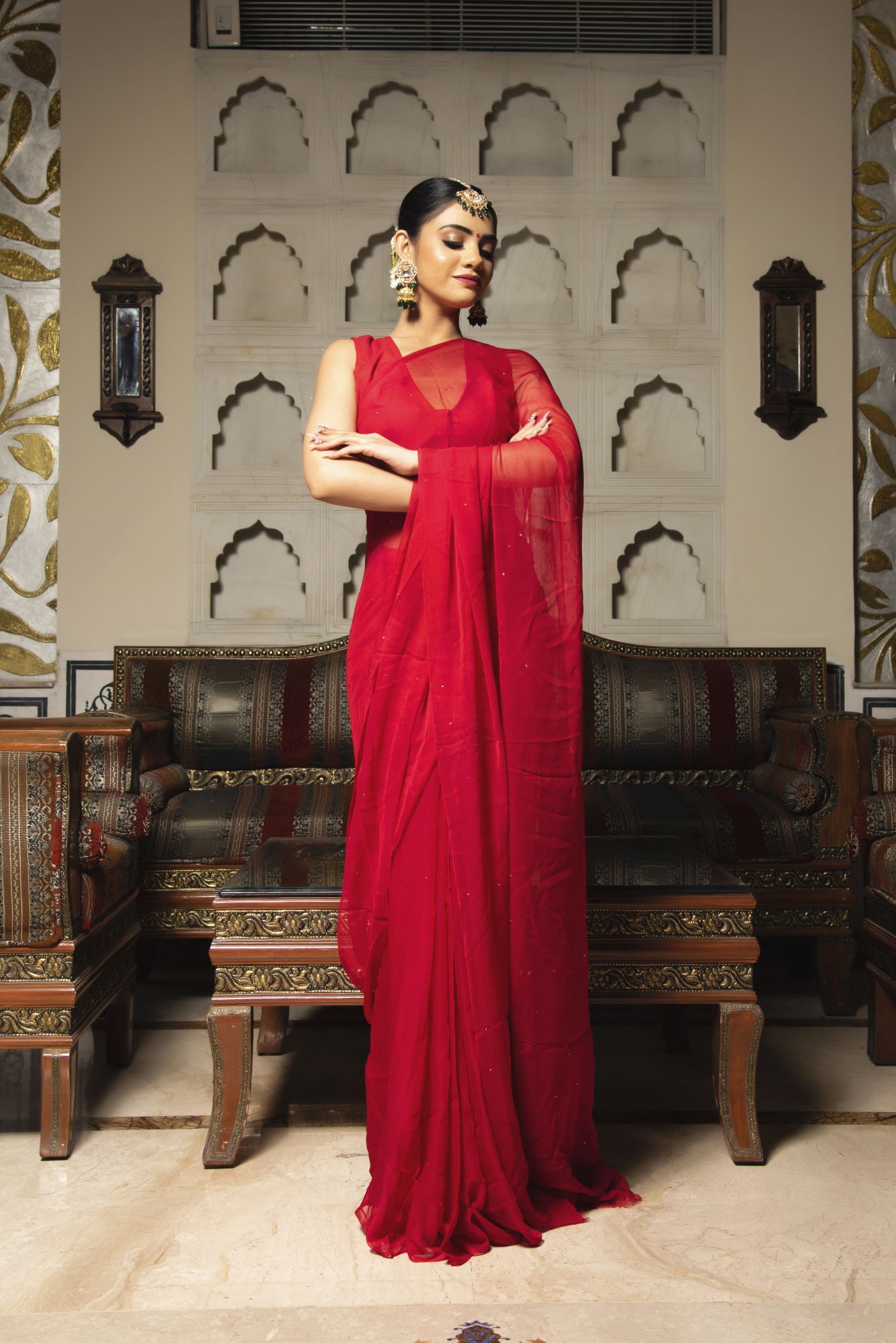 Valentine Red Pure Chiffon Saree