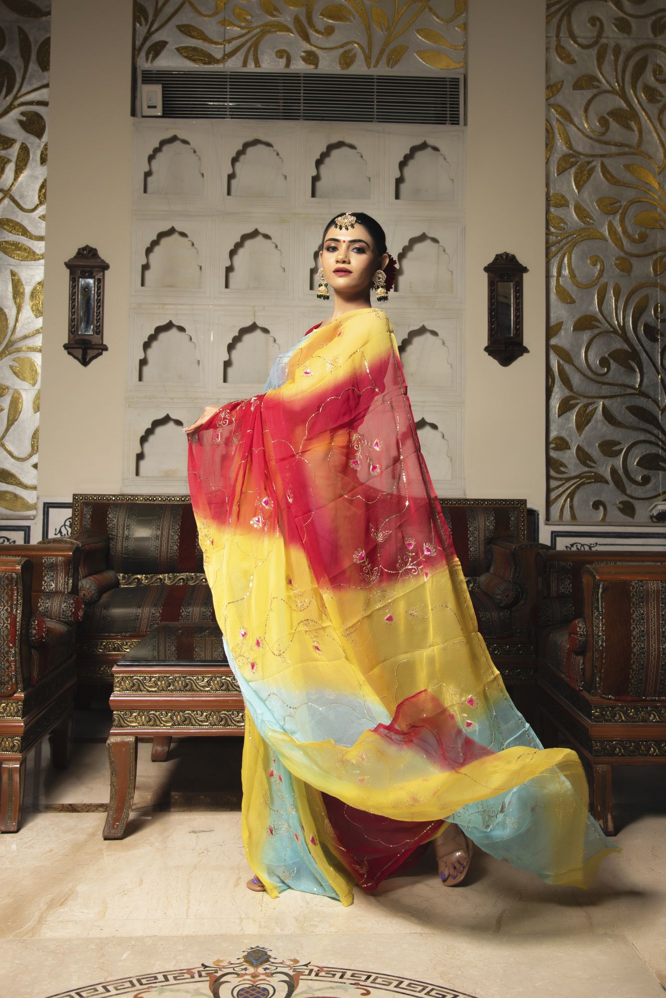 Tricolour Red Pure Chiffon Handwork saree