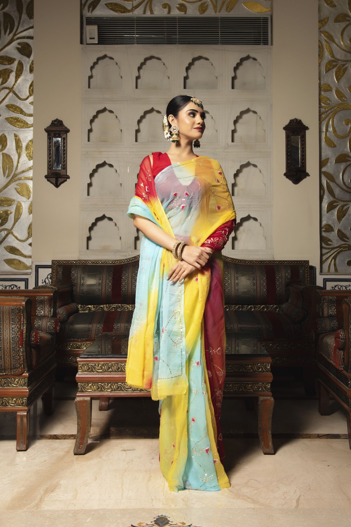 Tricolour Red Pure Chiffon Handwork saree