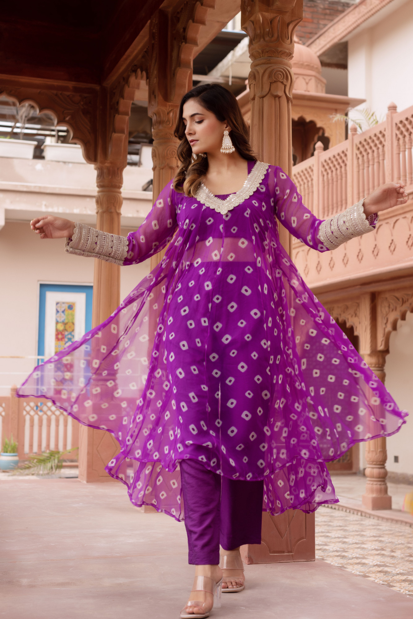 Purple Bandhej Embelished Kurta Set With Blouse