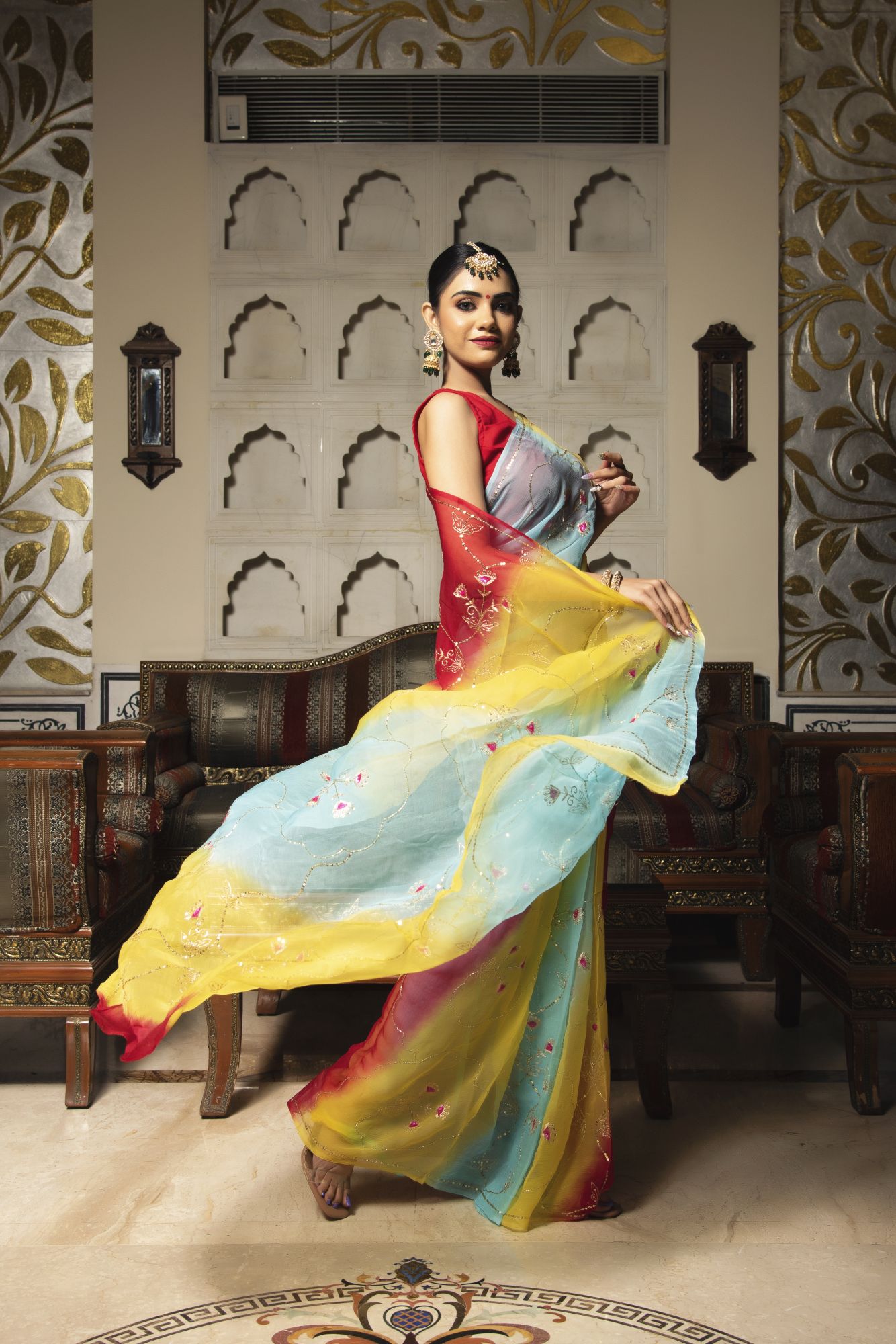 Tricolour Red Pure Chiffon Handwork saree