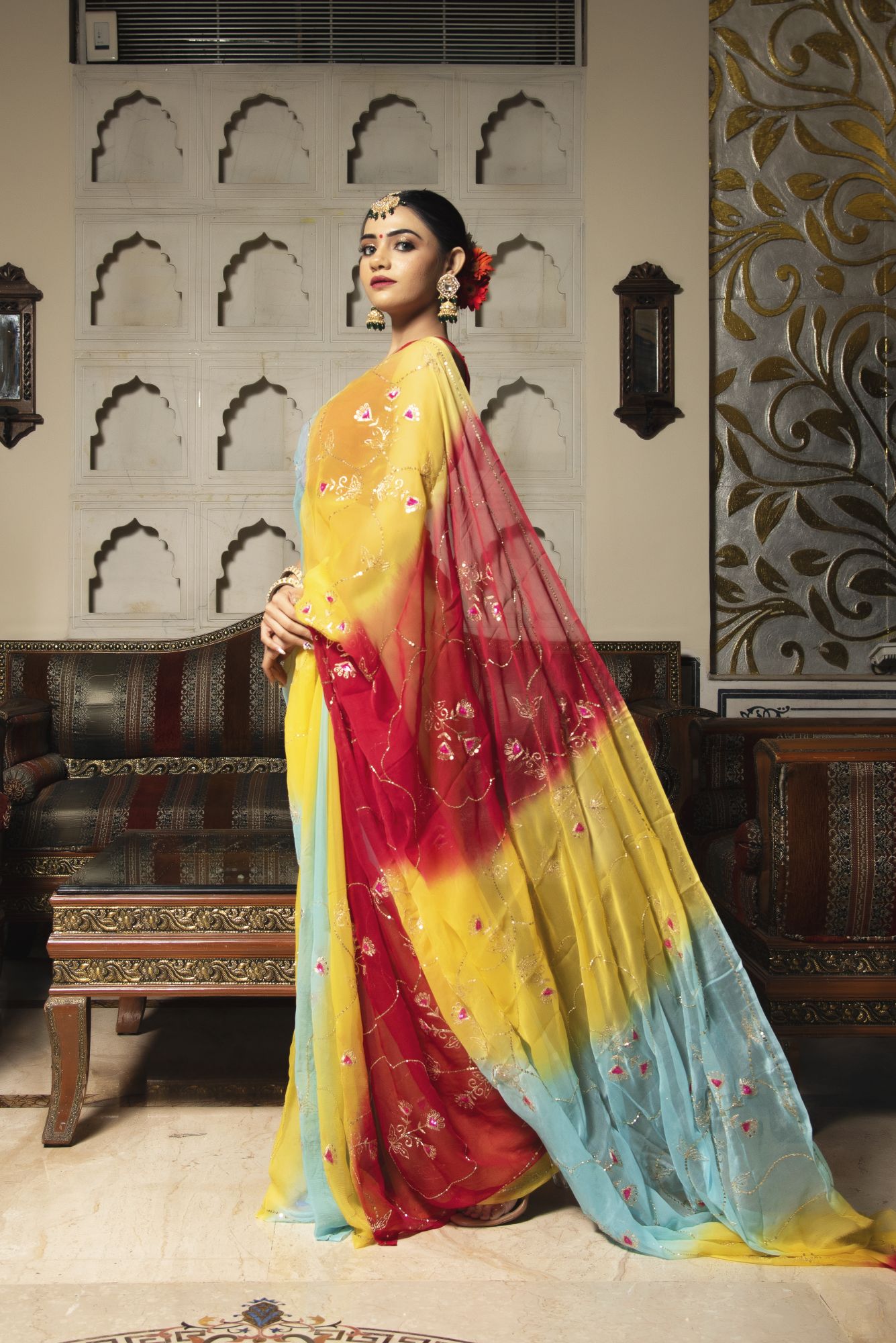 Tricolour Red Pure Chiffon Handwork saree