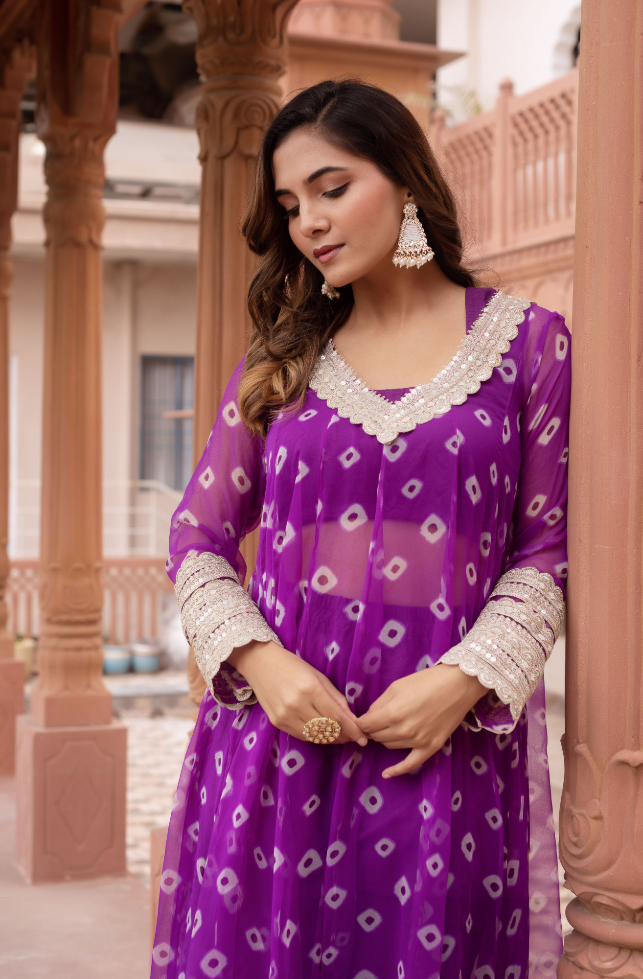 Purple Bandhej Embelished Kurta Set With Blouse