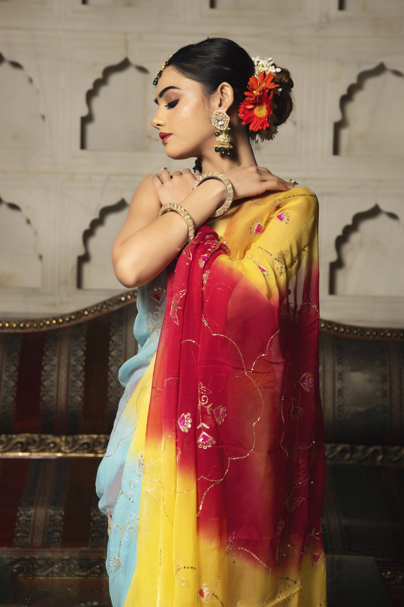 Tricolour Red Pure Chiffon Handwork saree