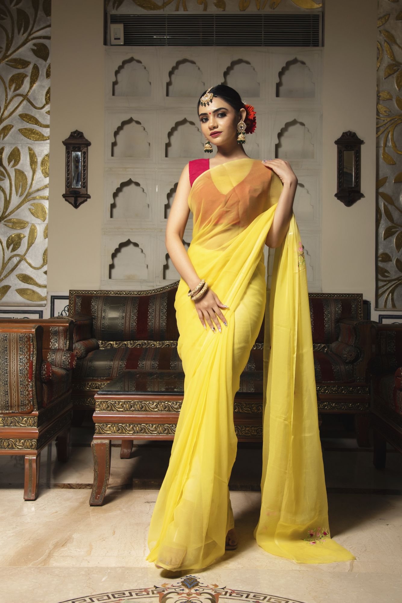 Sadabahar Yellow Pure Chiffon saree