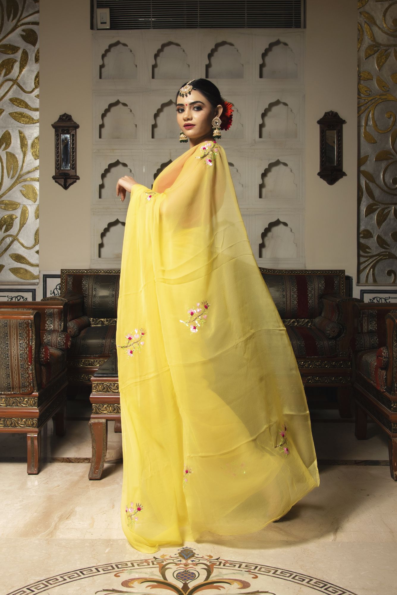Sadabahar Yellow Pure Chiffon saree