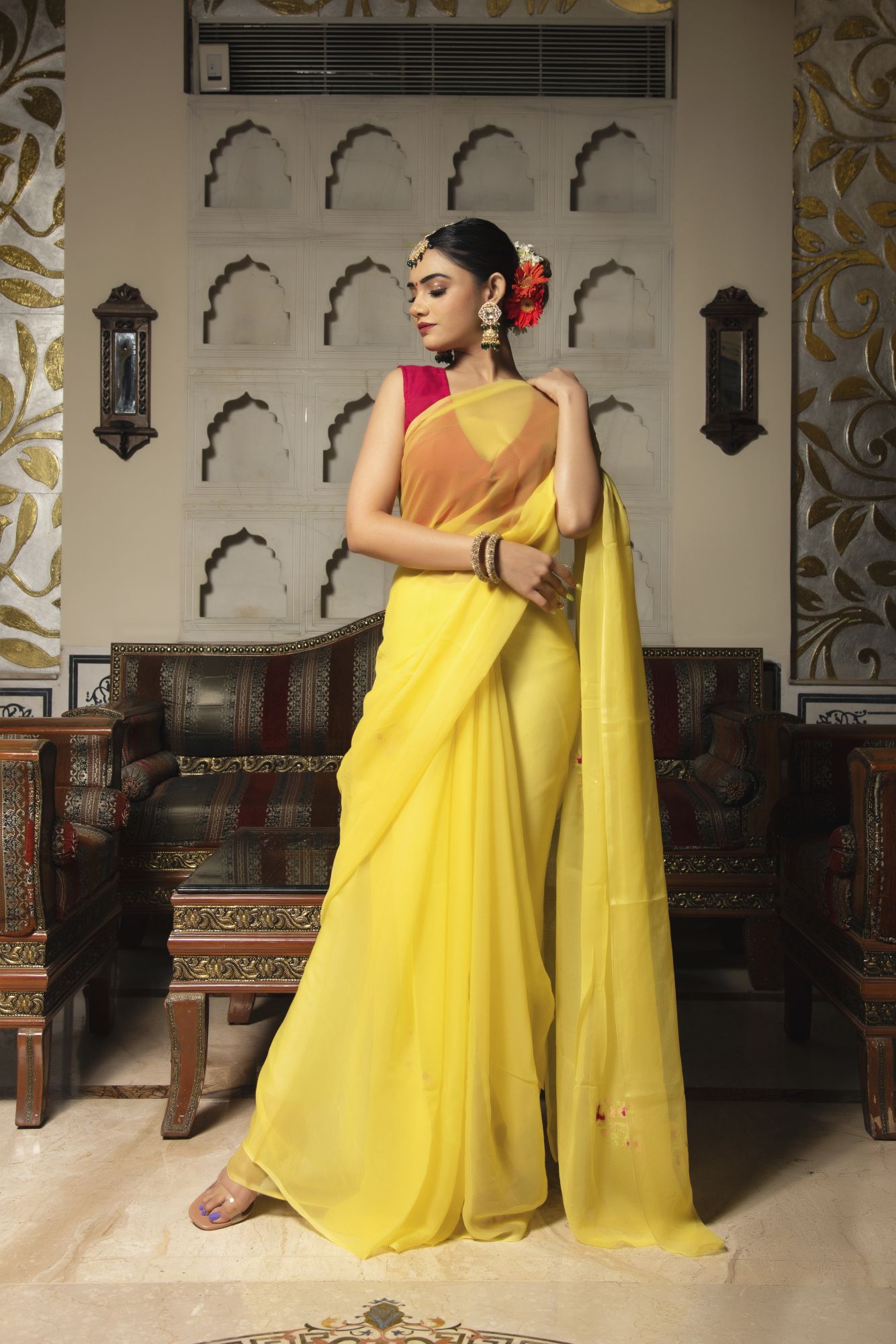 Sadabahar Yellow Pure Chiffon saree