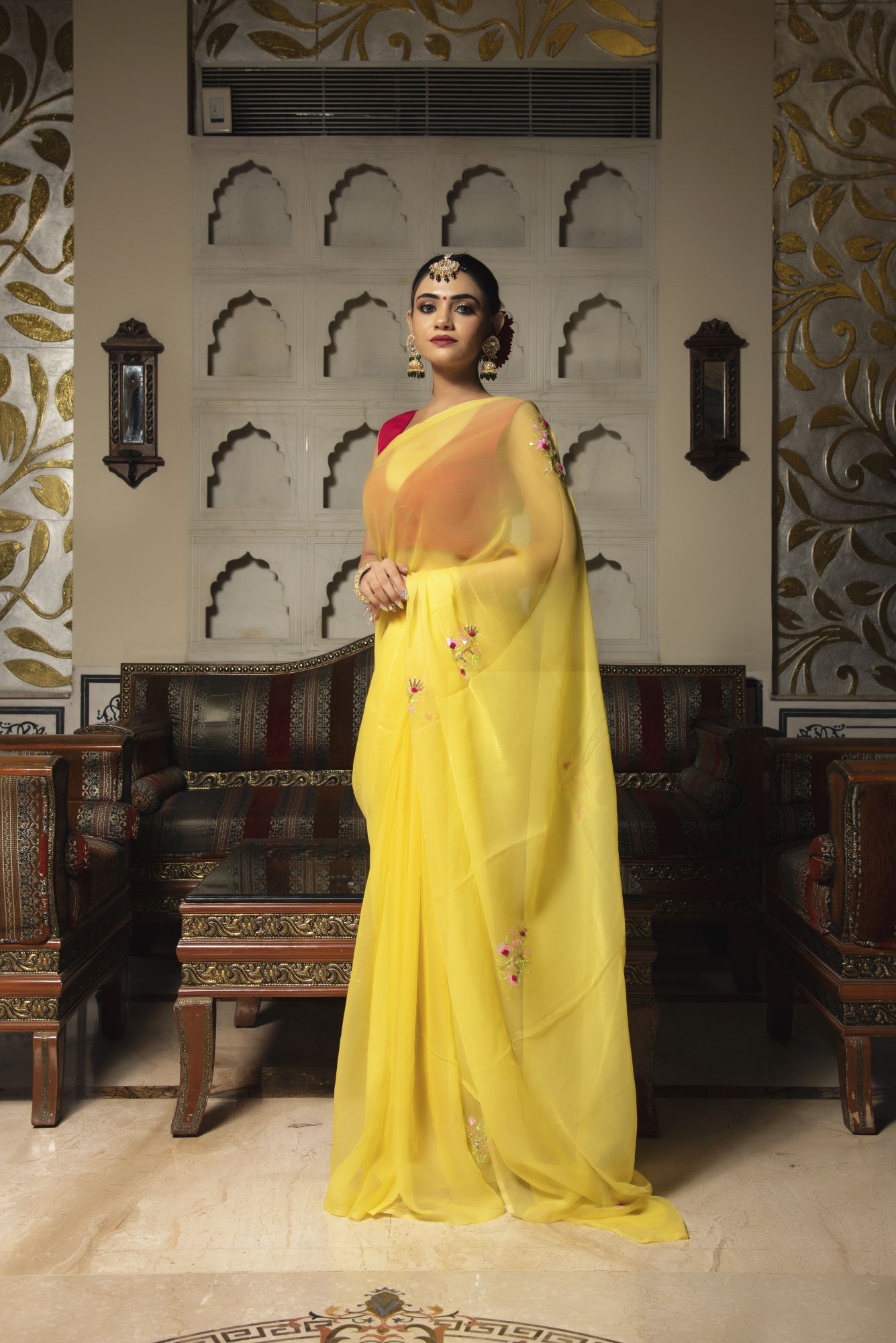 Sadabahar Yellow Pure Chiffon saree