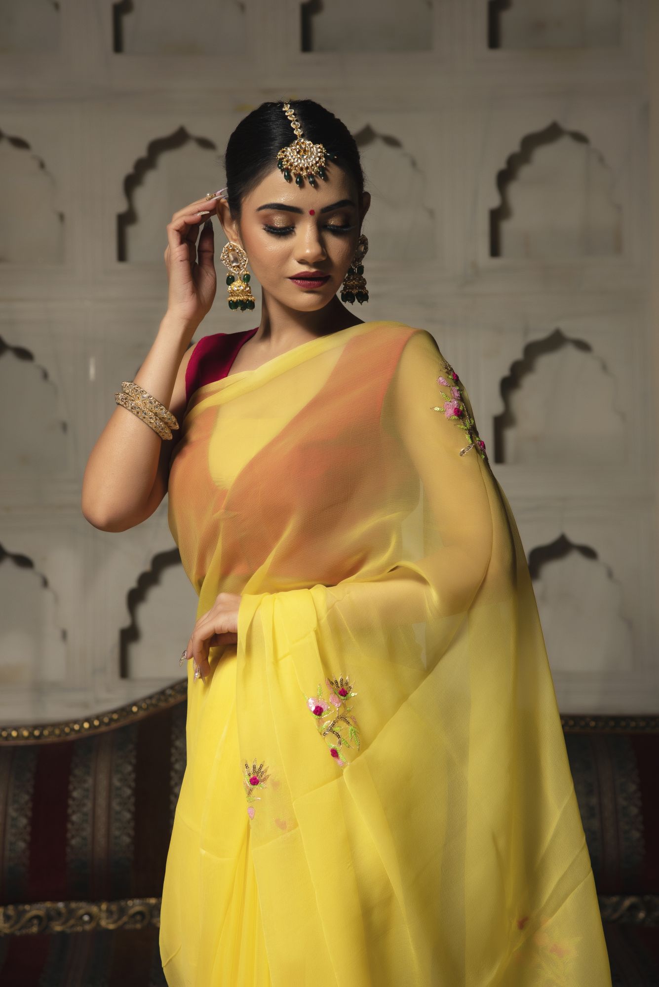 Sadabahar Yellow Pure Chiffon saree