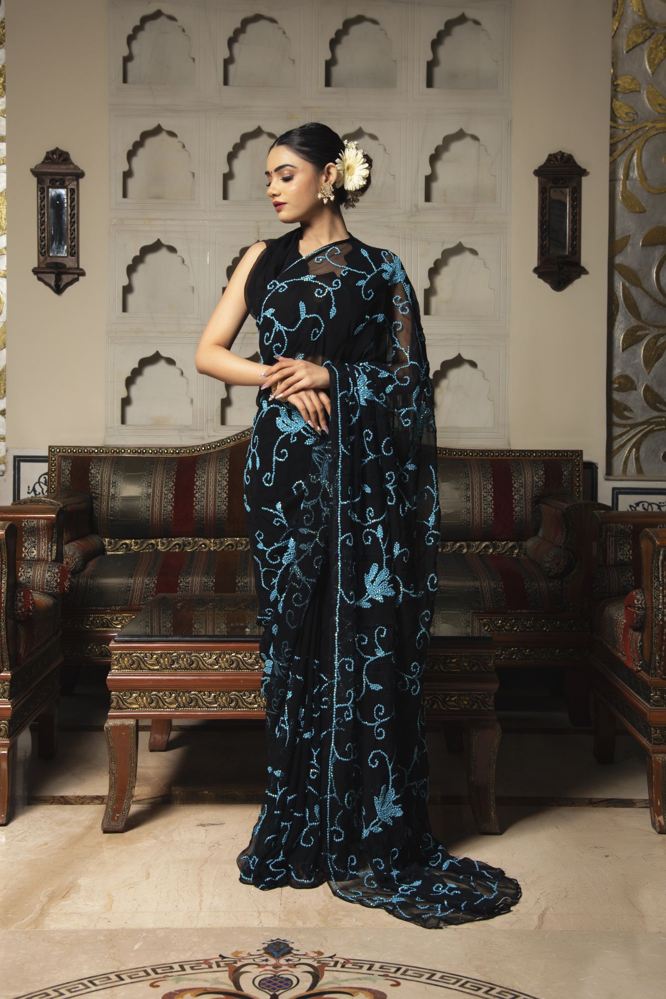 Royal Black with Blue Sequin Pure Chiffon Saree