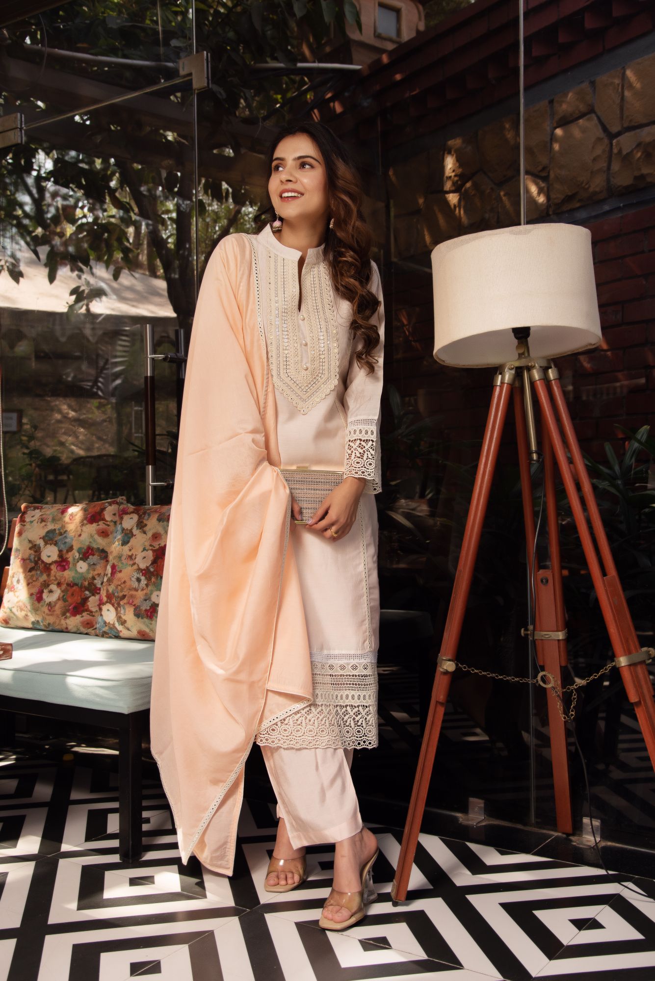 Coral Peach Lace Work Chanderi Kurta Set With Dupatta