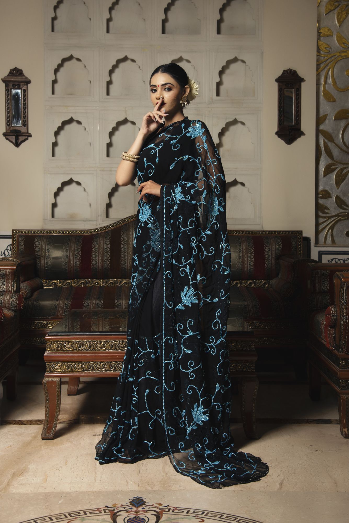 Royal Black with Blue Sequin Pure Chiffon Saree