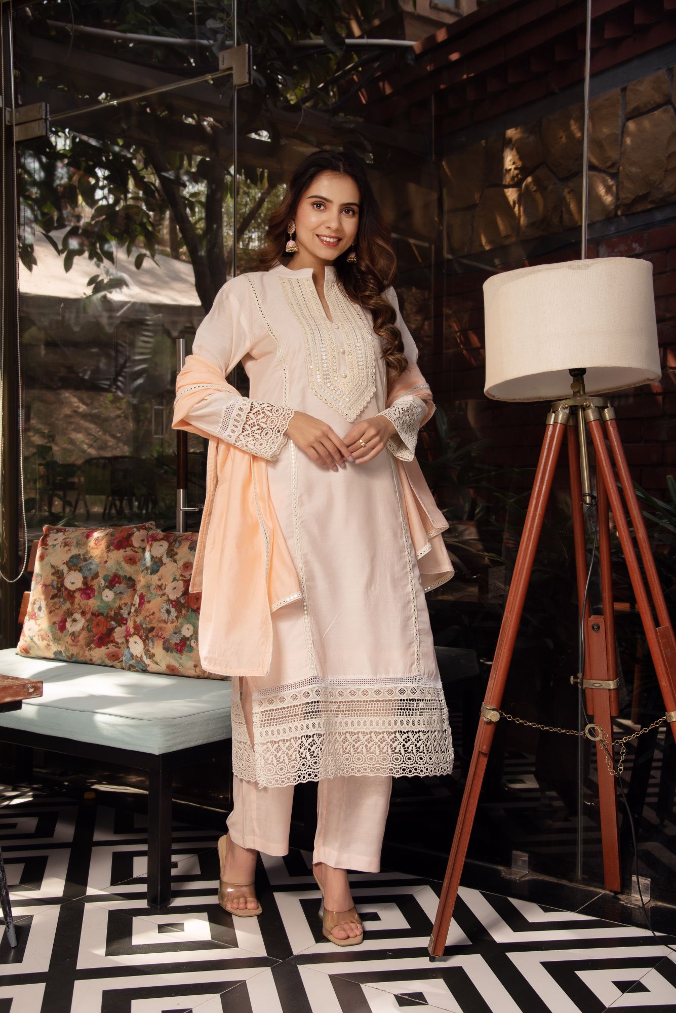 Coral Peach Lace Work Chanderi Kurta Set With Dupatta