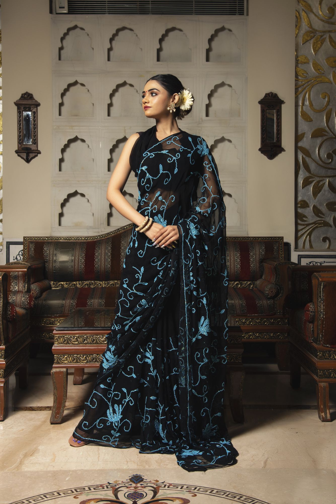 Royal Black with Blue Sequin Pure Chiffon Saree