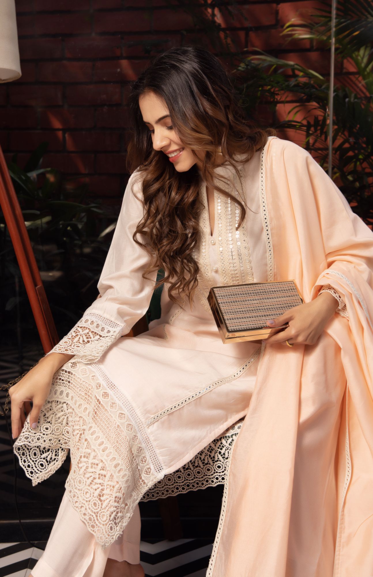 Coral Peach Lace Work Chanderi Kurta Set With Dupatta
