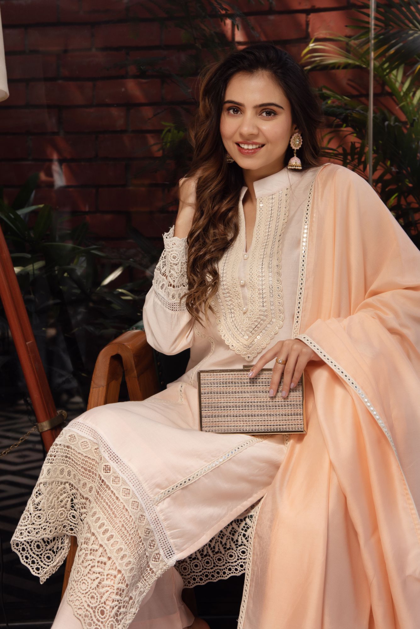 Coral Peach Lace Work Chanderi Kurta Set With Dupatta