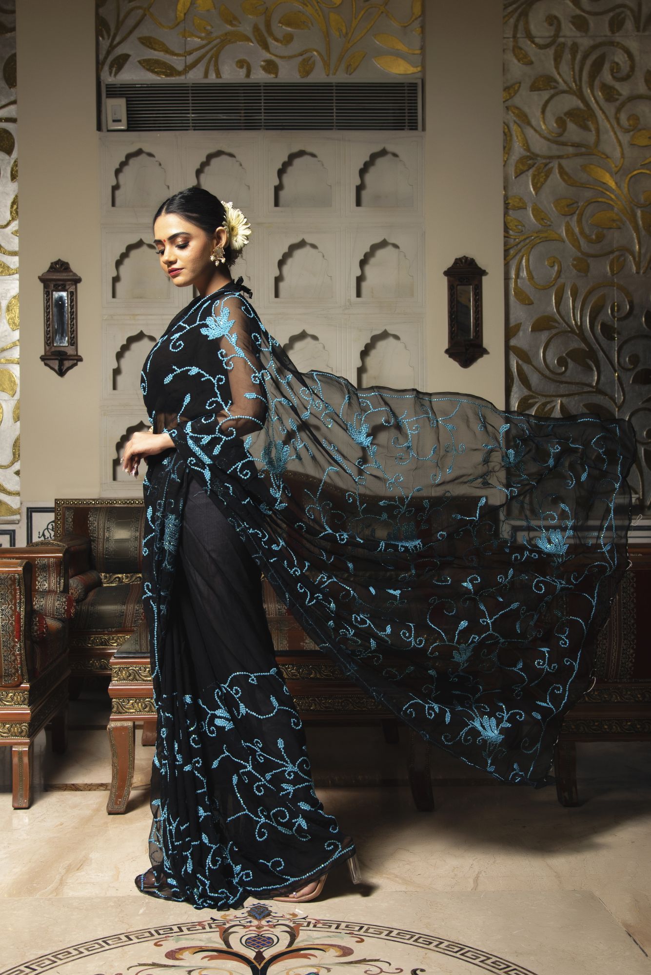 Royal Black with Blue Sequin Pure Chiffon Saree