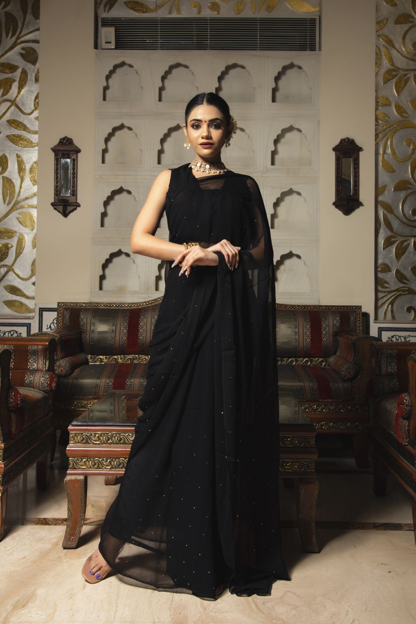 Eagle Black Pure Chiffon Saree