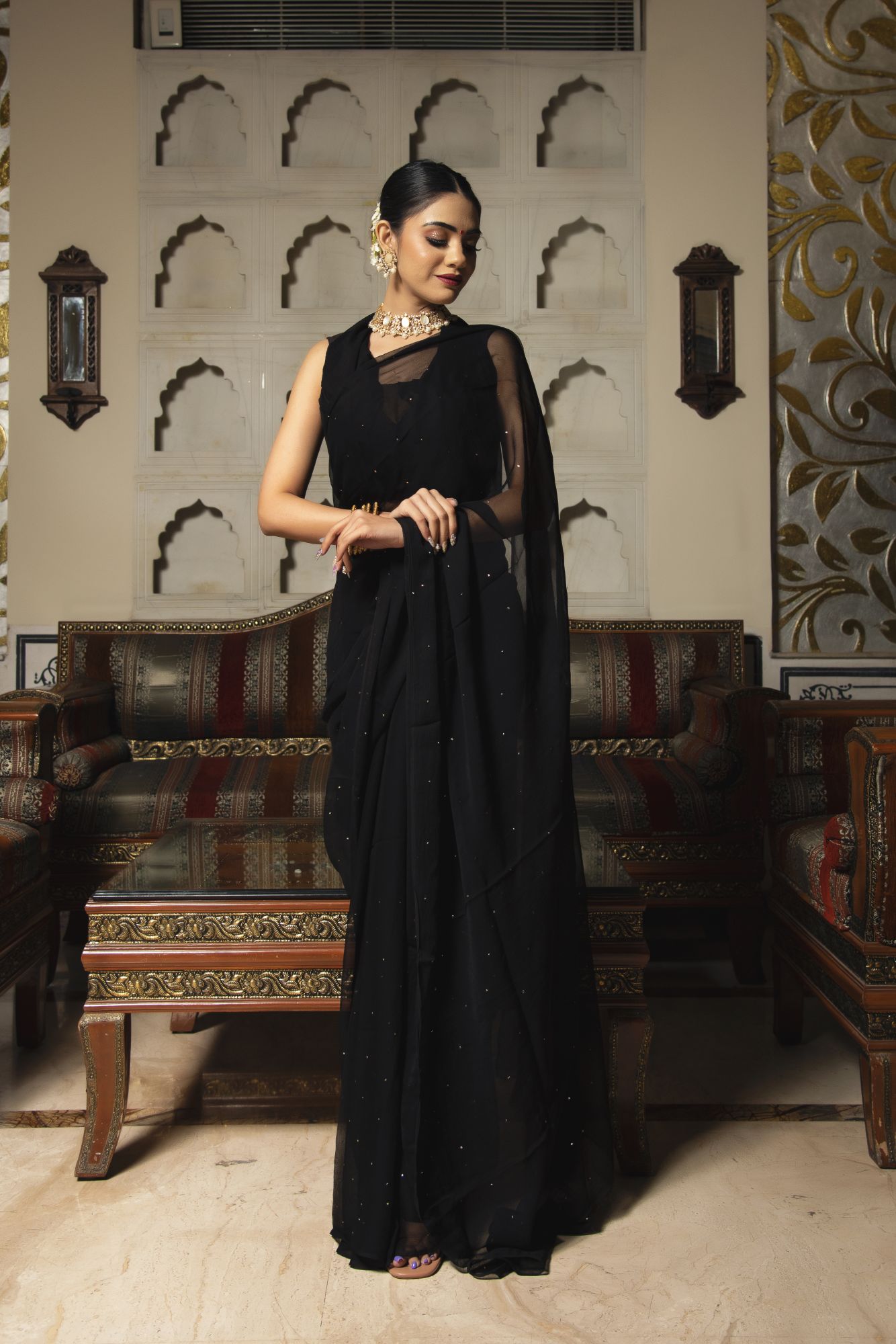 Eagle Black Pure Chiffon Saree