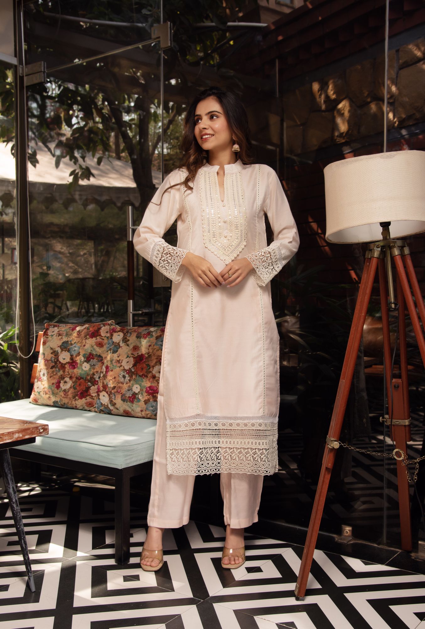 Coral Peach Lace Work Chanderi Kurta Set With Dupatta