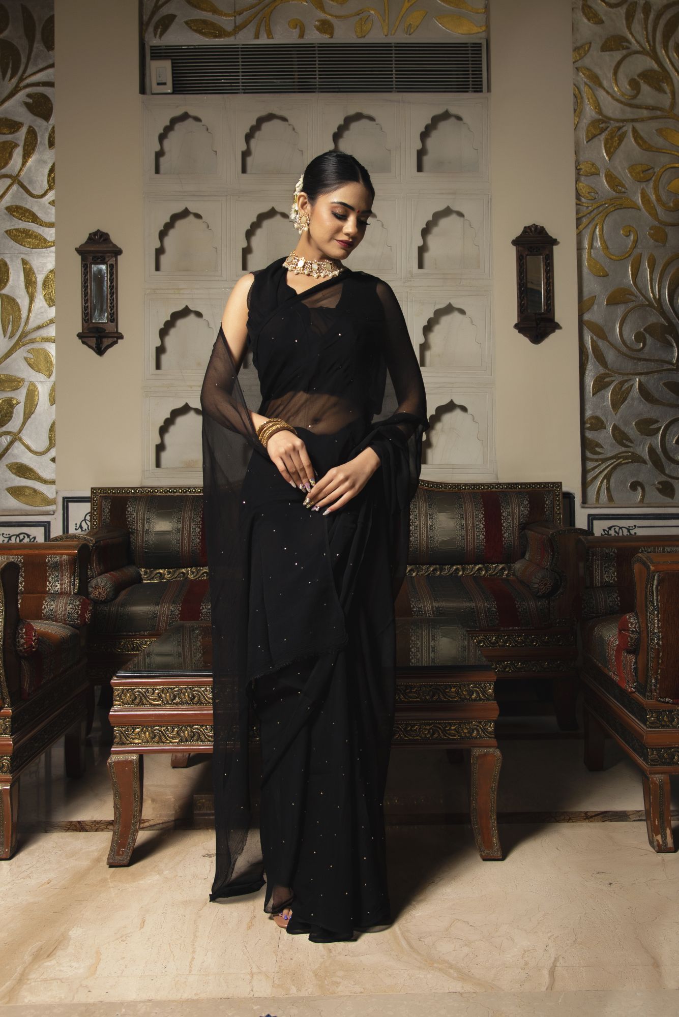 Eagle Black Pure Chiffon Saree