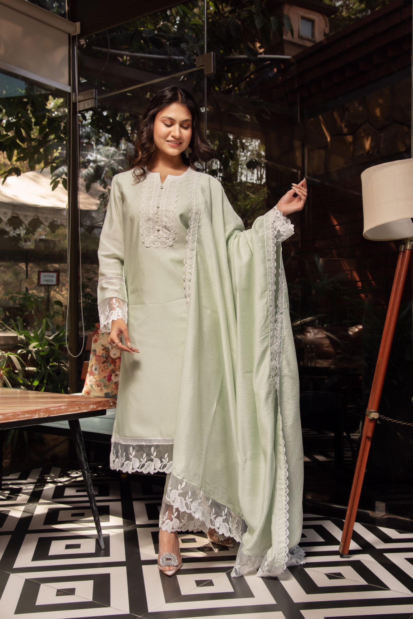 Light Green Chanderi Organza Embroided Kurta Set with Dupatta