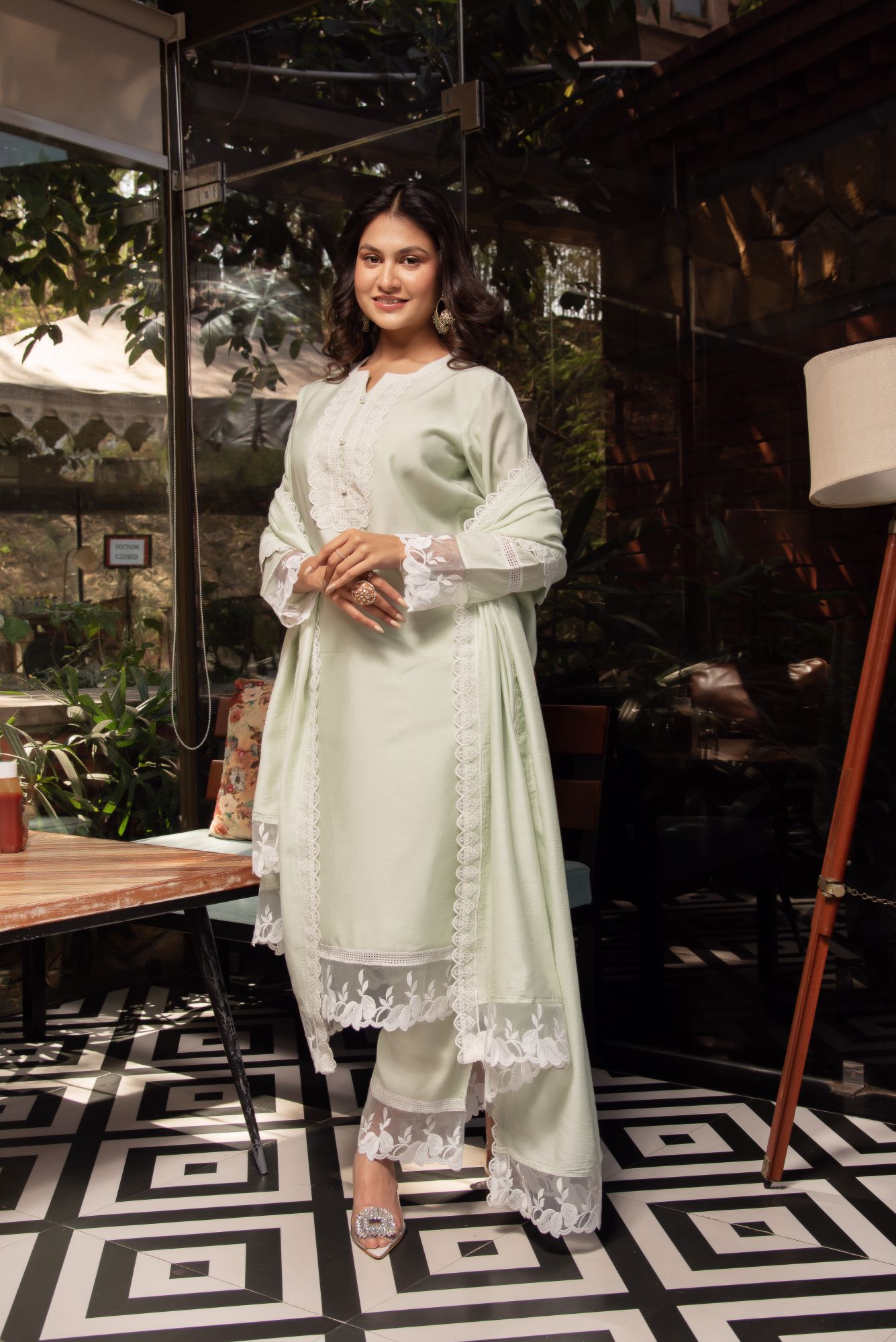 Light Green Chanderi Organza Embroided Kurta Set with Dupatta
