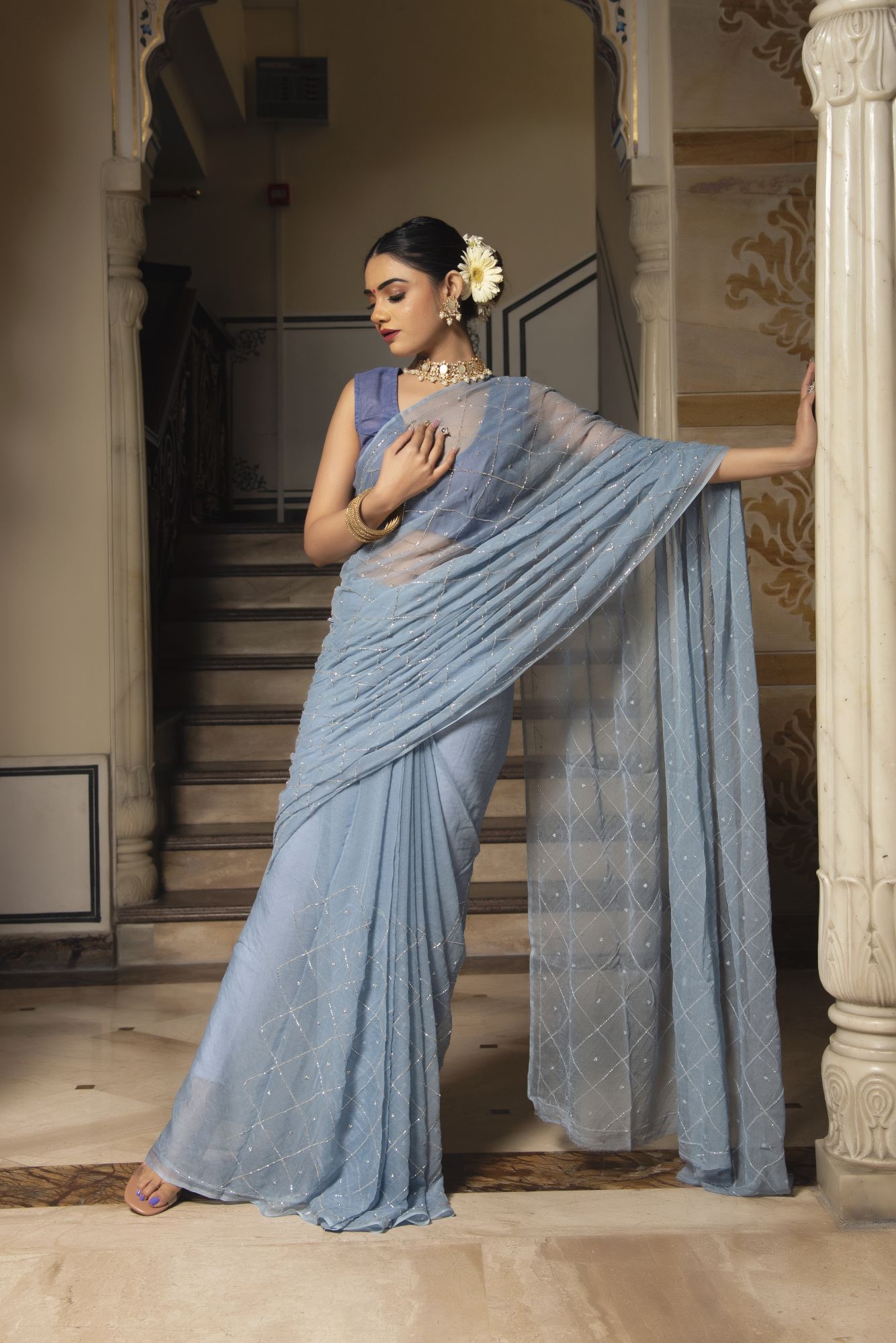 Jasmine Petal Pure Chiffon Handwork Saree