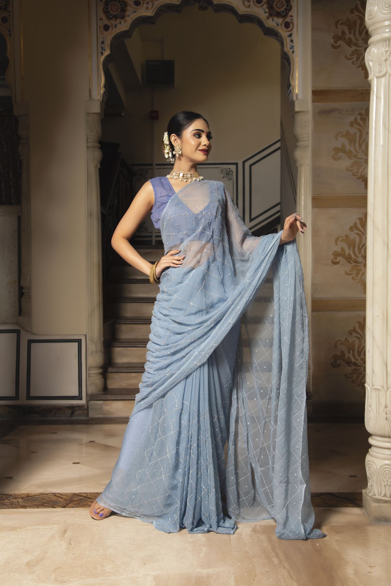 Jasmine Petal Pure Chiffon Handwork Saree