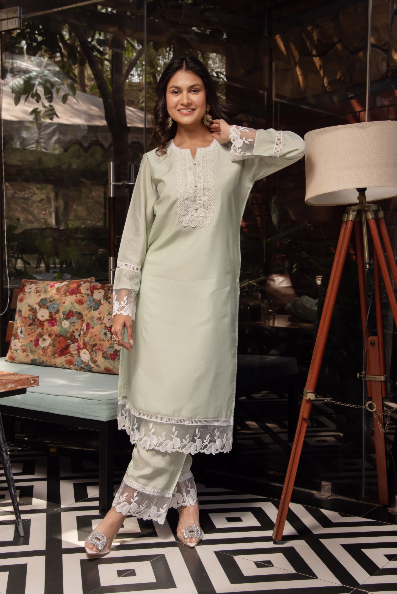 Light Green Chanderi Organza Embroided Kurta Set with Dupatta