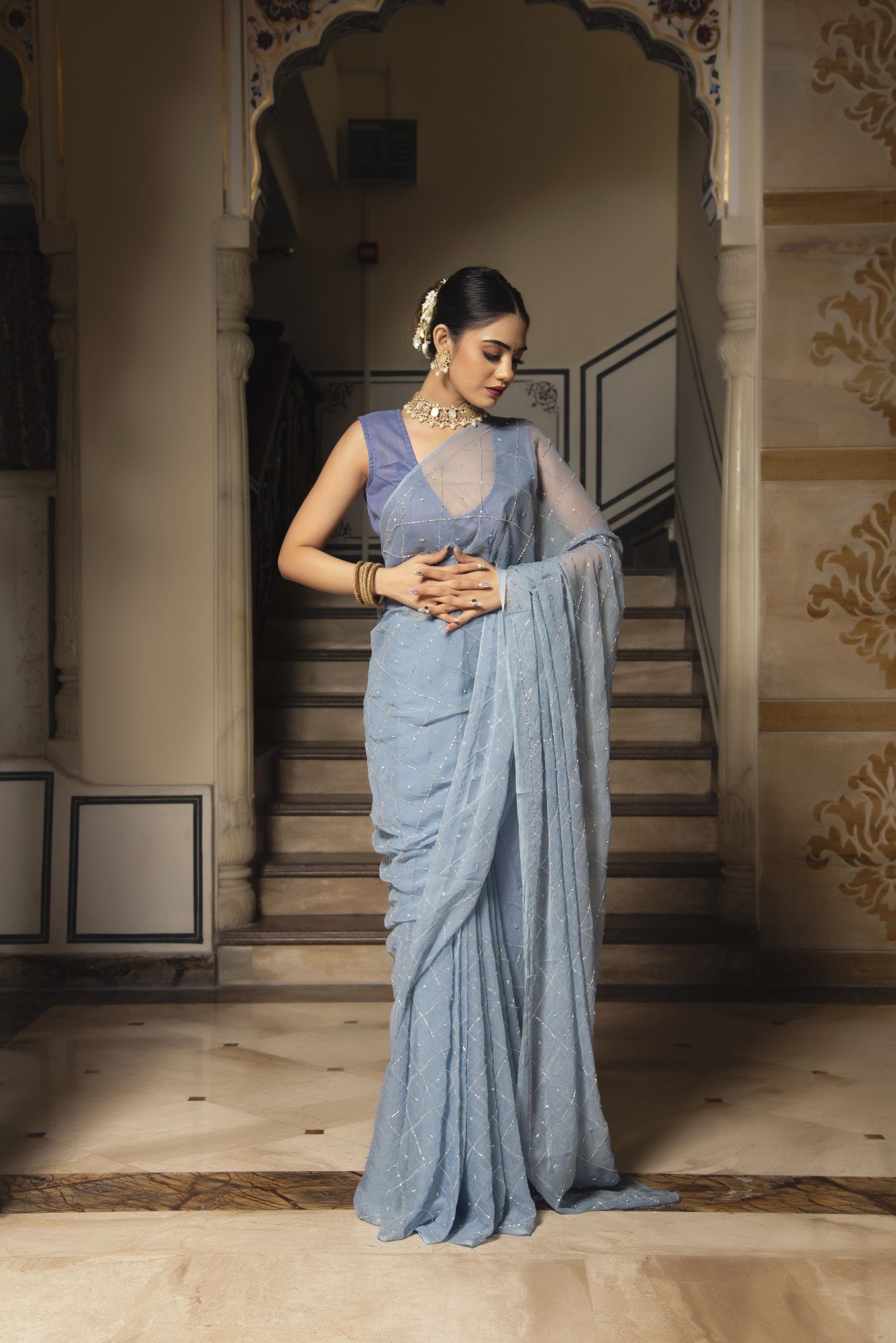 Jasmine Petal Pure Chiffon Handwork Saree
