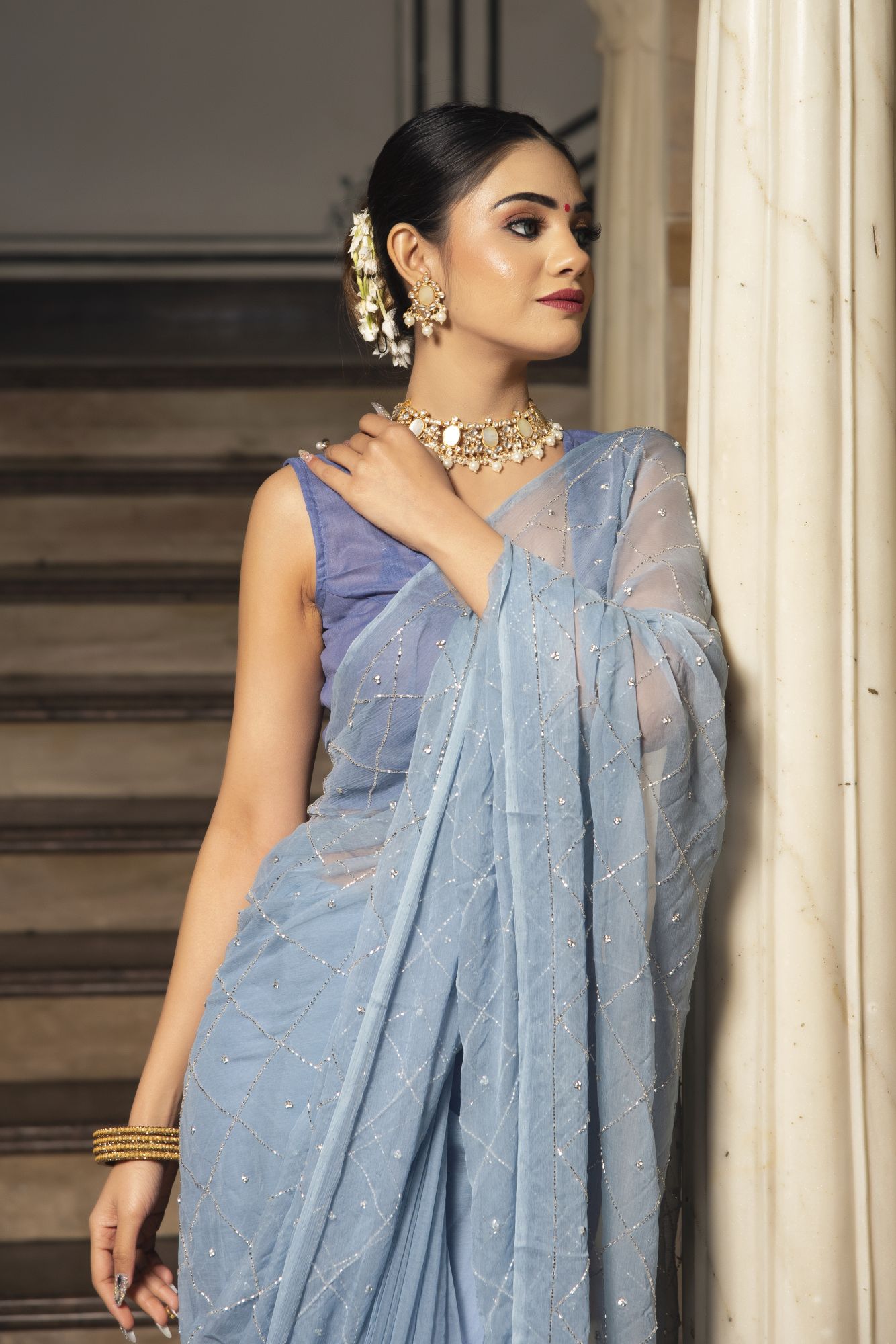 Jasmine Petal Pure Chiffon Handwork Saree