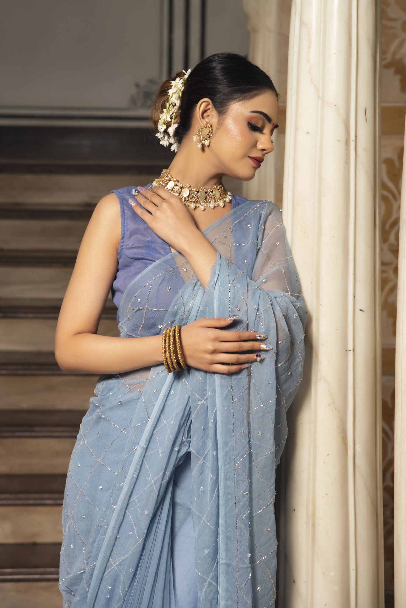 Jasmine Petal Pure Chiffon Handwork Saree