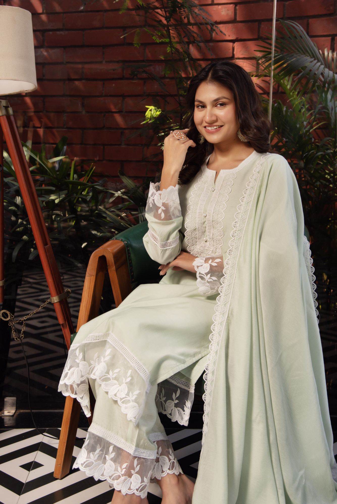 Light Green Chanderi Organza Embroided Kurta Set with Dupatta