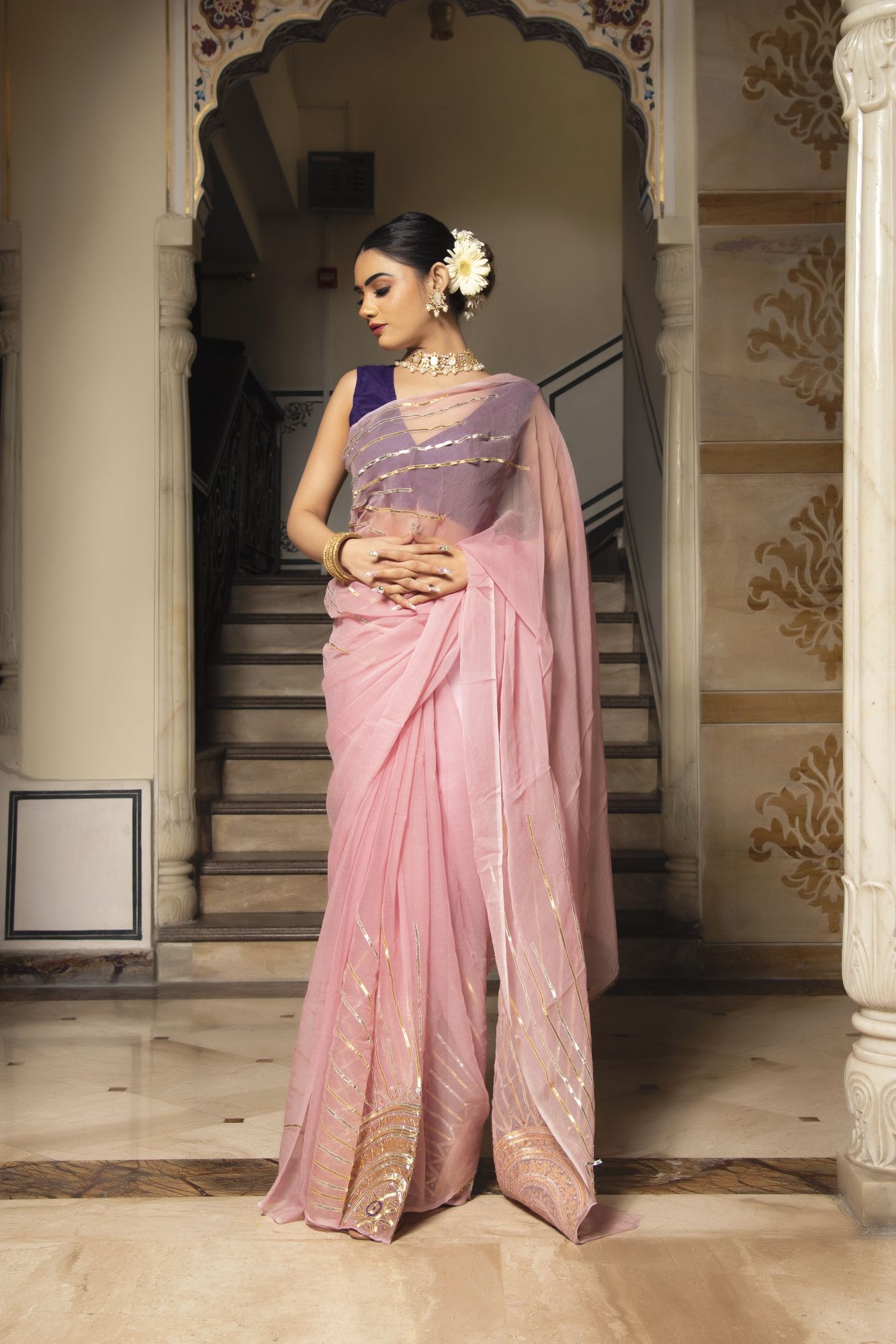 Violet Pink Pure Chiffon Gotapatti saree