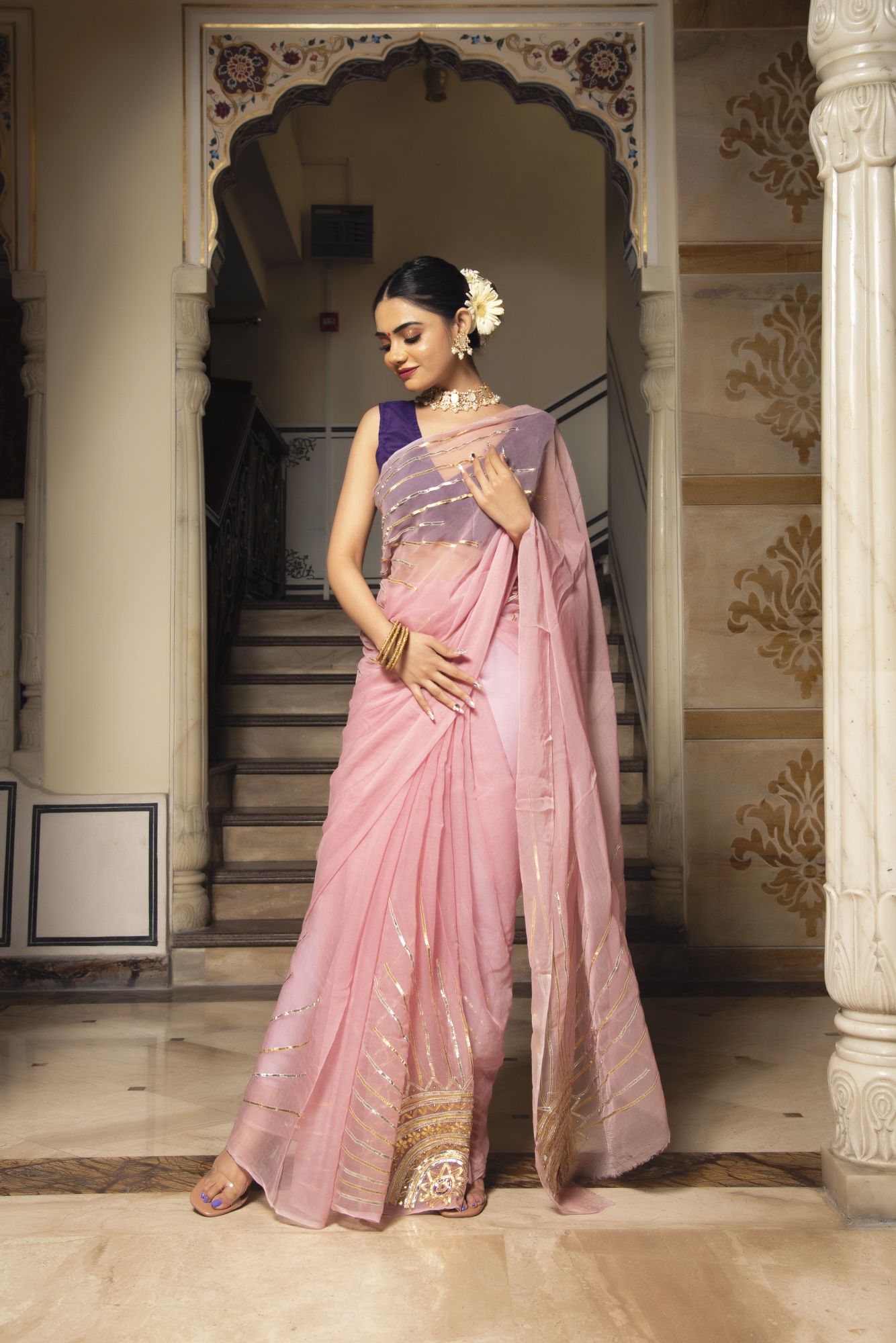 Violet Pink Pure Chiffon Gotapatti saree