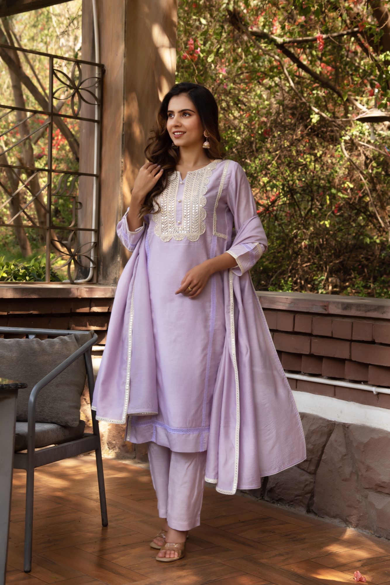 Lavender Chanderi Embroided Kurta Set with Dupatta