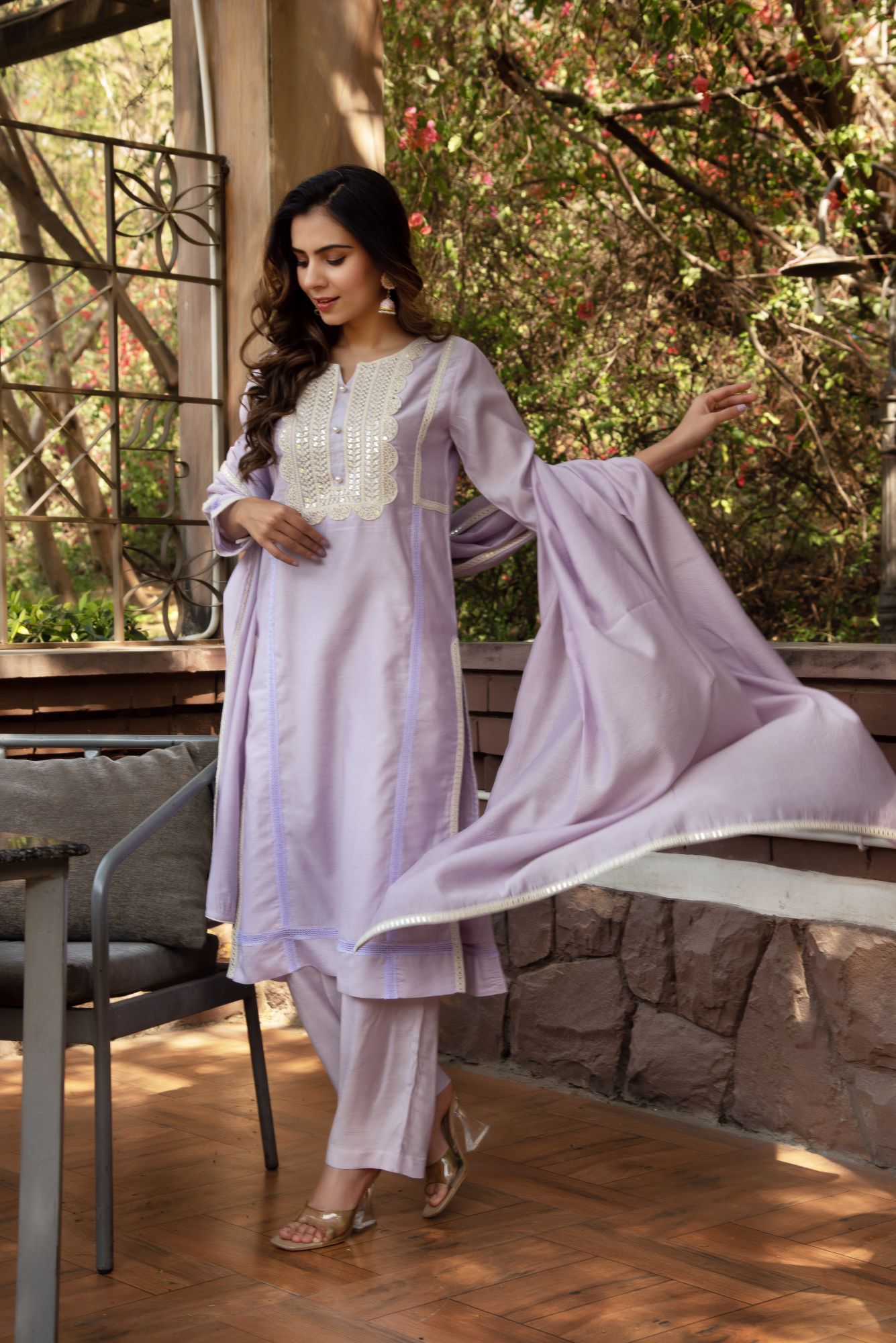 Lavender Chanderi Embroided Kurta Set with Dupatta