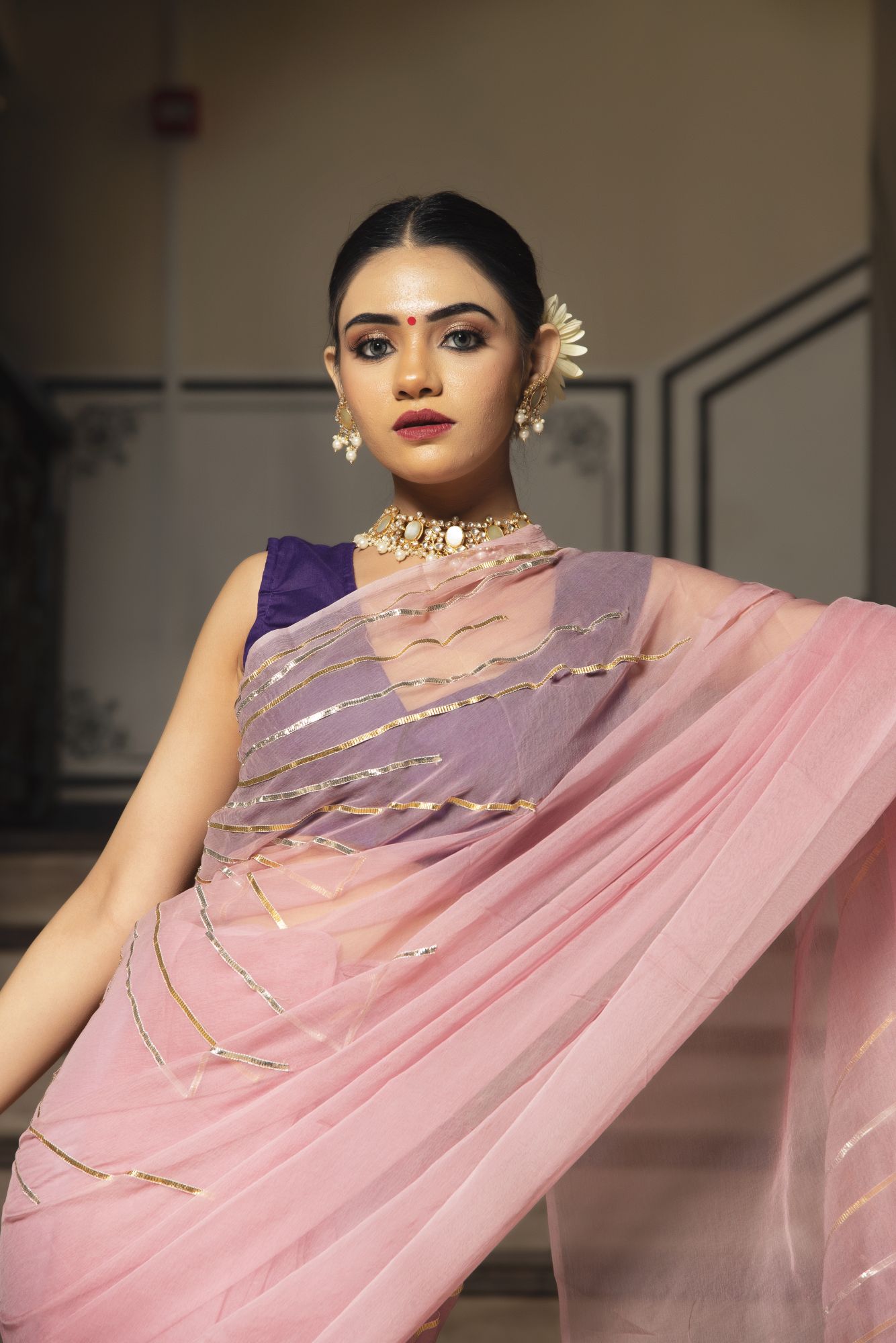 Violet Pink Pure Chiffon Gotapatti saree