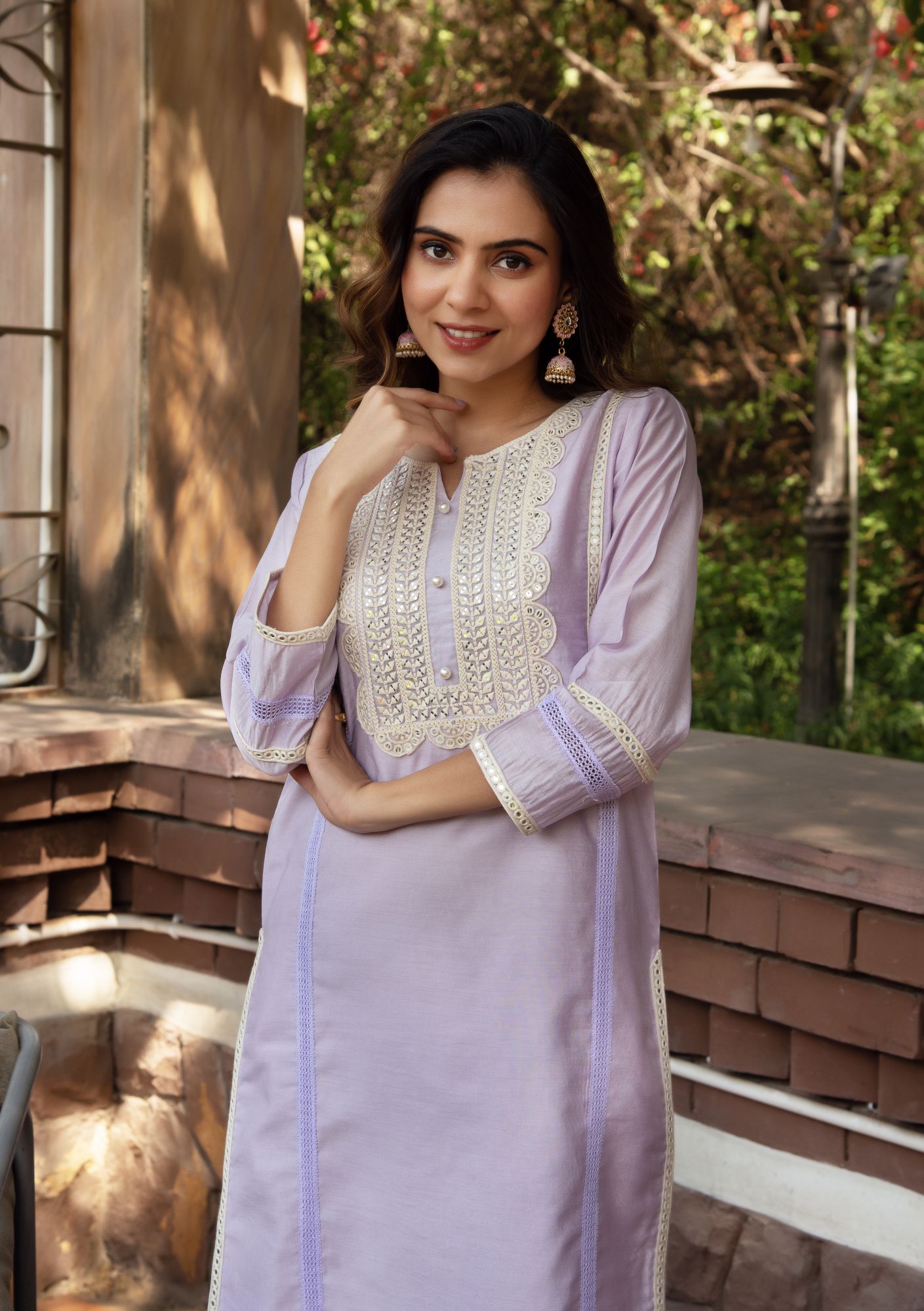 Lavender Chanderi Embroided Kurta Set with Dupatta