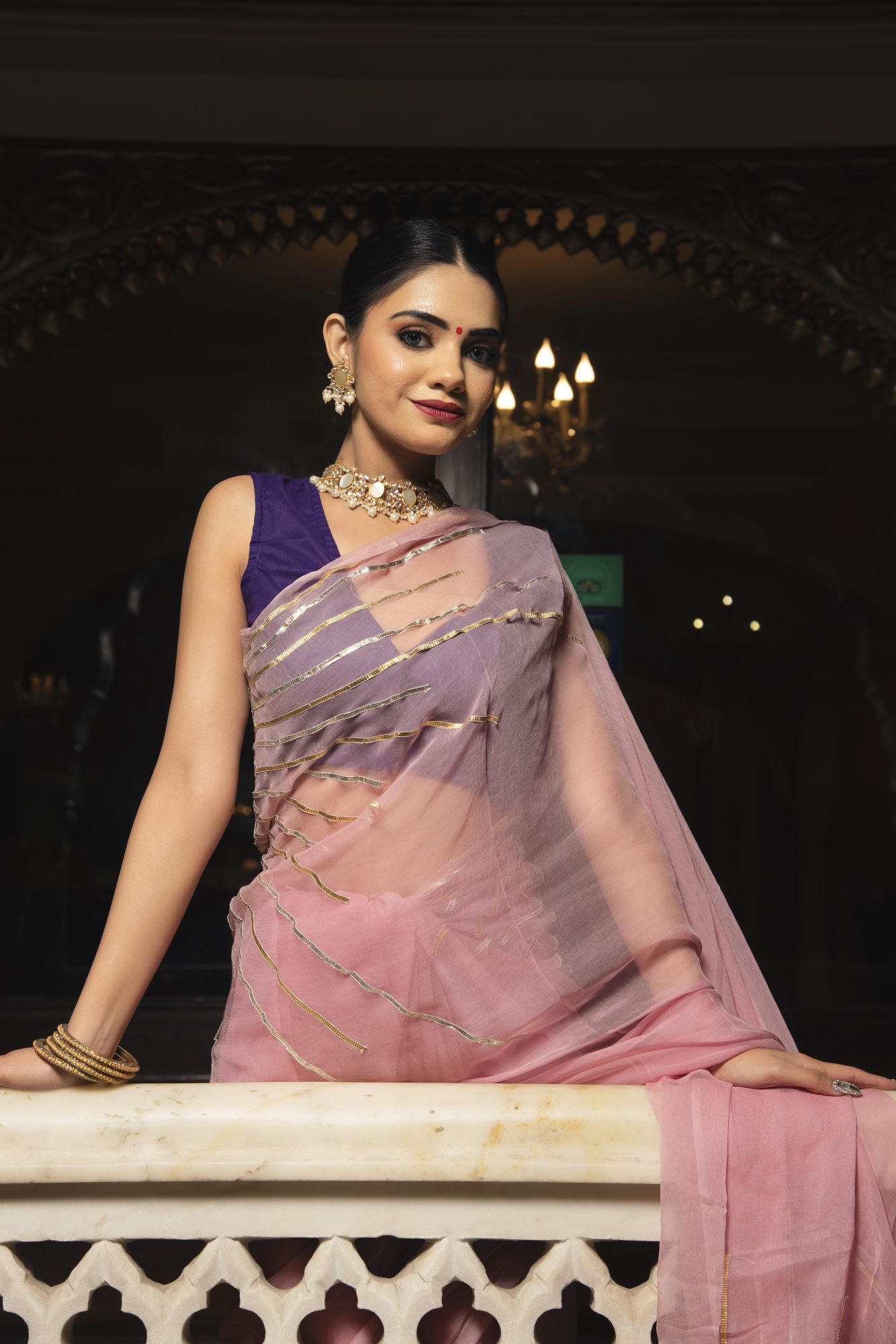 Violet Pink Pure Chiffon Gotapatti saree